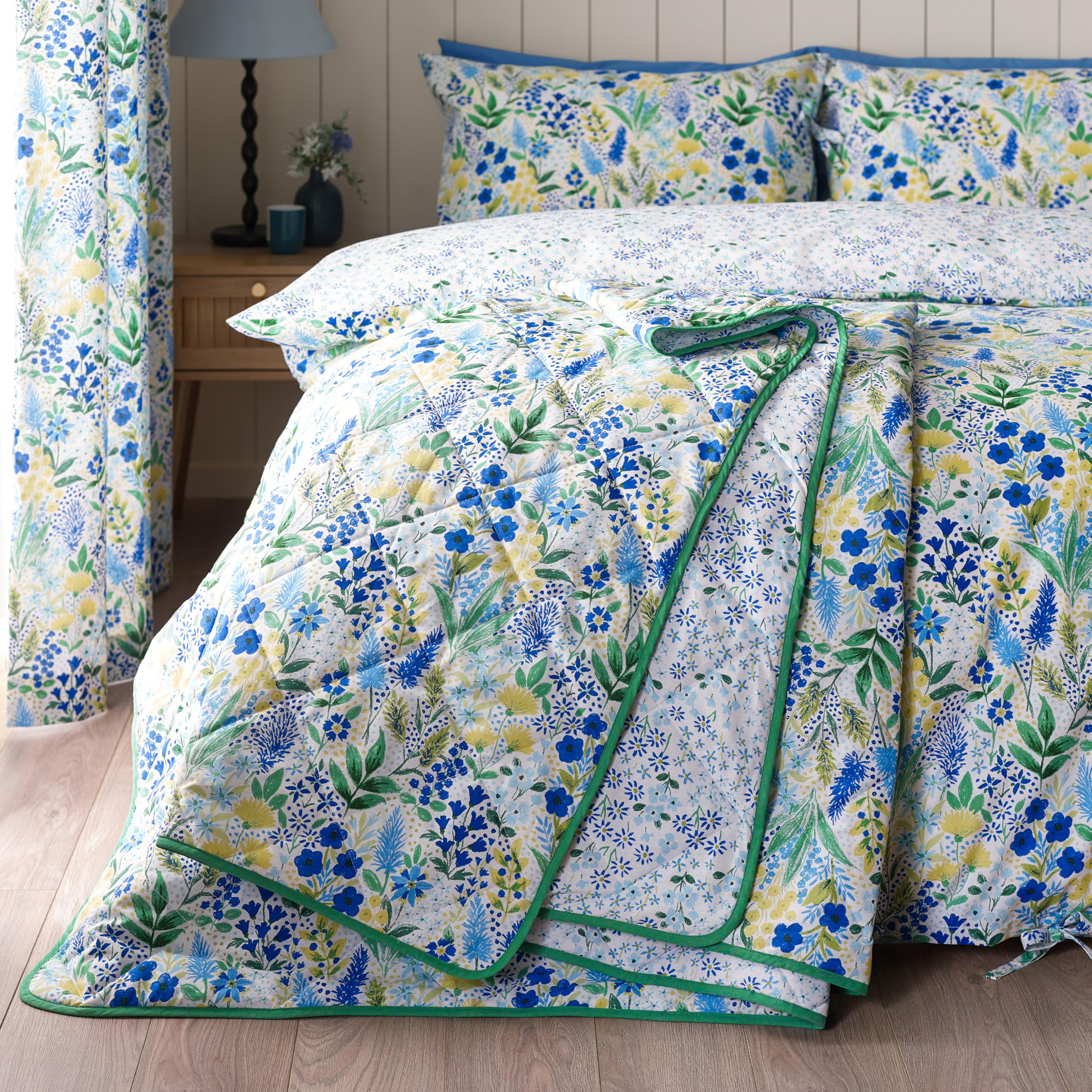 Catherine Lansfield  Blue Tilly Floral Fully Reversible Bedspread in Size 220x230cm, Sports Direct