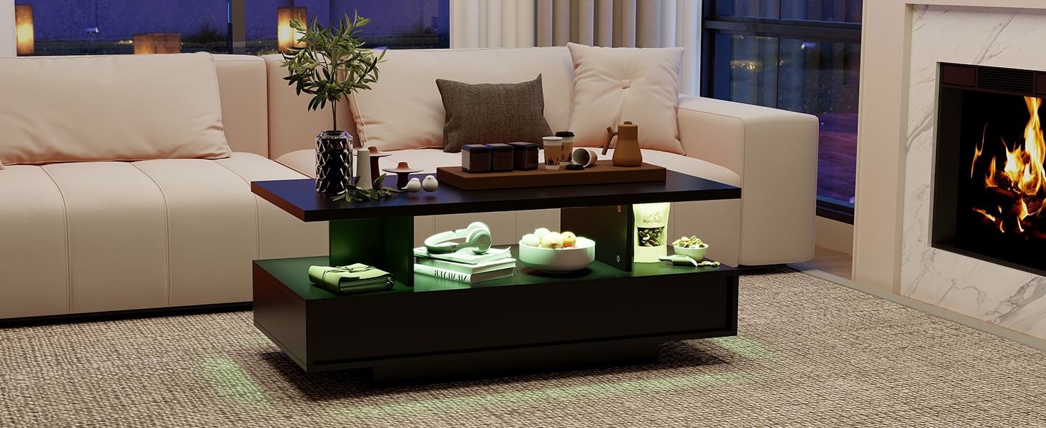 Table Basse LED YU YUSING Avec 2 Tiroirs Et Étagères - 60 000 Couleurs, Télécommande & App, Noir Moderne