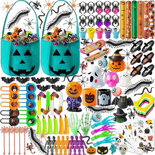 MALLMALL6 Juego de 136 juguetes de calabaza verde azulado de Halloween, regalos de fiesta a granel para niños, bolsas de regalo, rellenos de cubo de