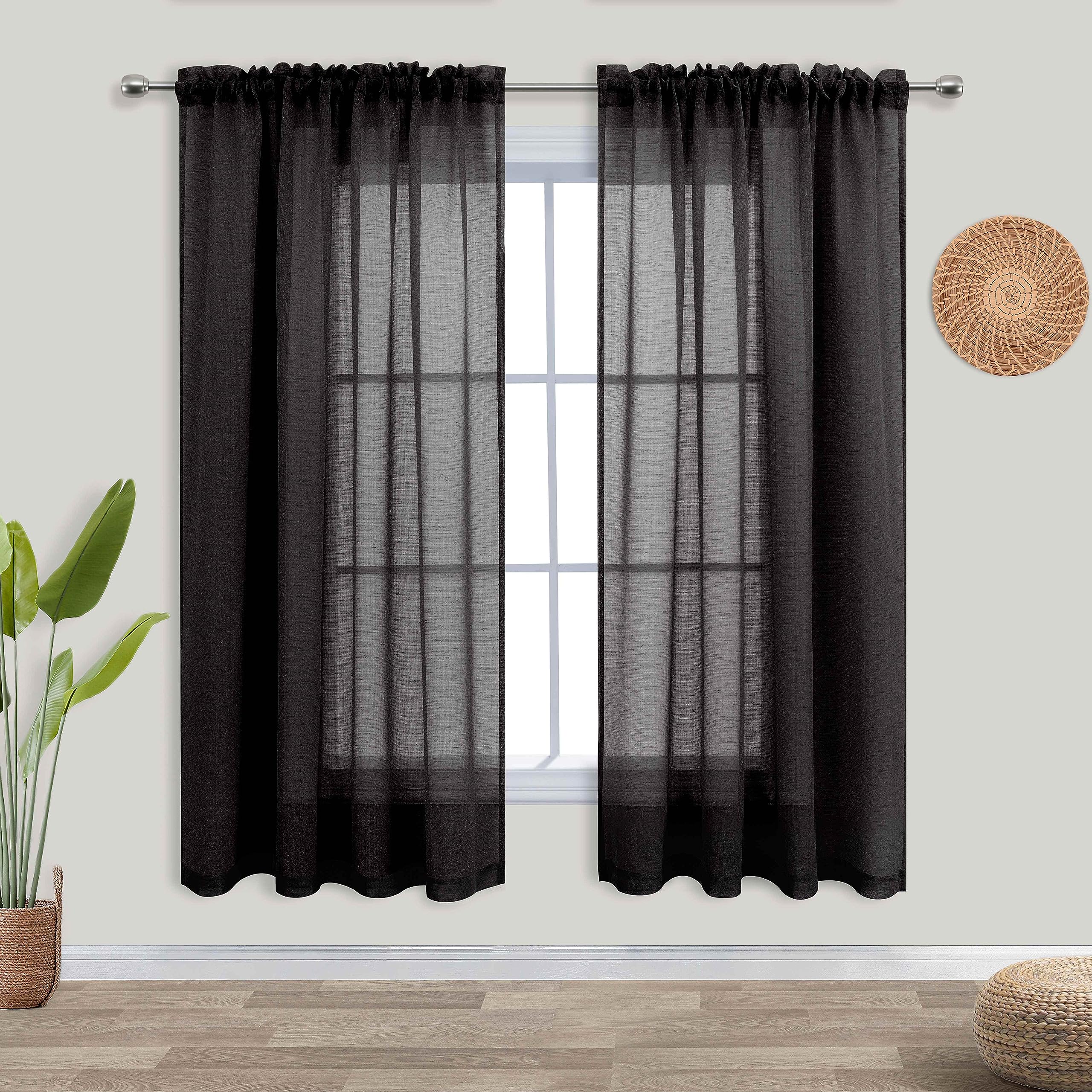 KOUFALL Sheer Black Curtains for Bedroom 2 Panels,Boho Window Curtains for Bathroom Kitchen Living Room 63 Inch Length โ image 1