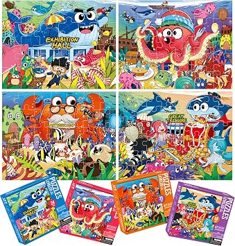 Dotimo 4-Pack Ocean Animal Puzzles for Kids Ages 3-5, Progressive Learning Puzzles with Storage Box 24/30/35/48 Piece Educational Games for Toddlers, Family Activities & Gifts