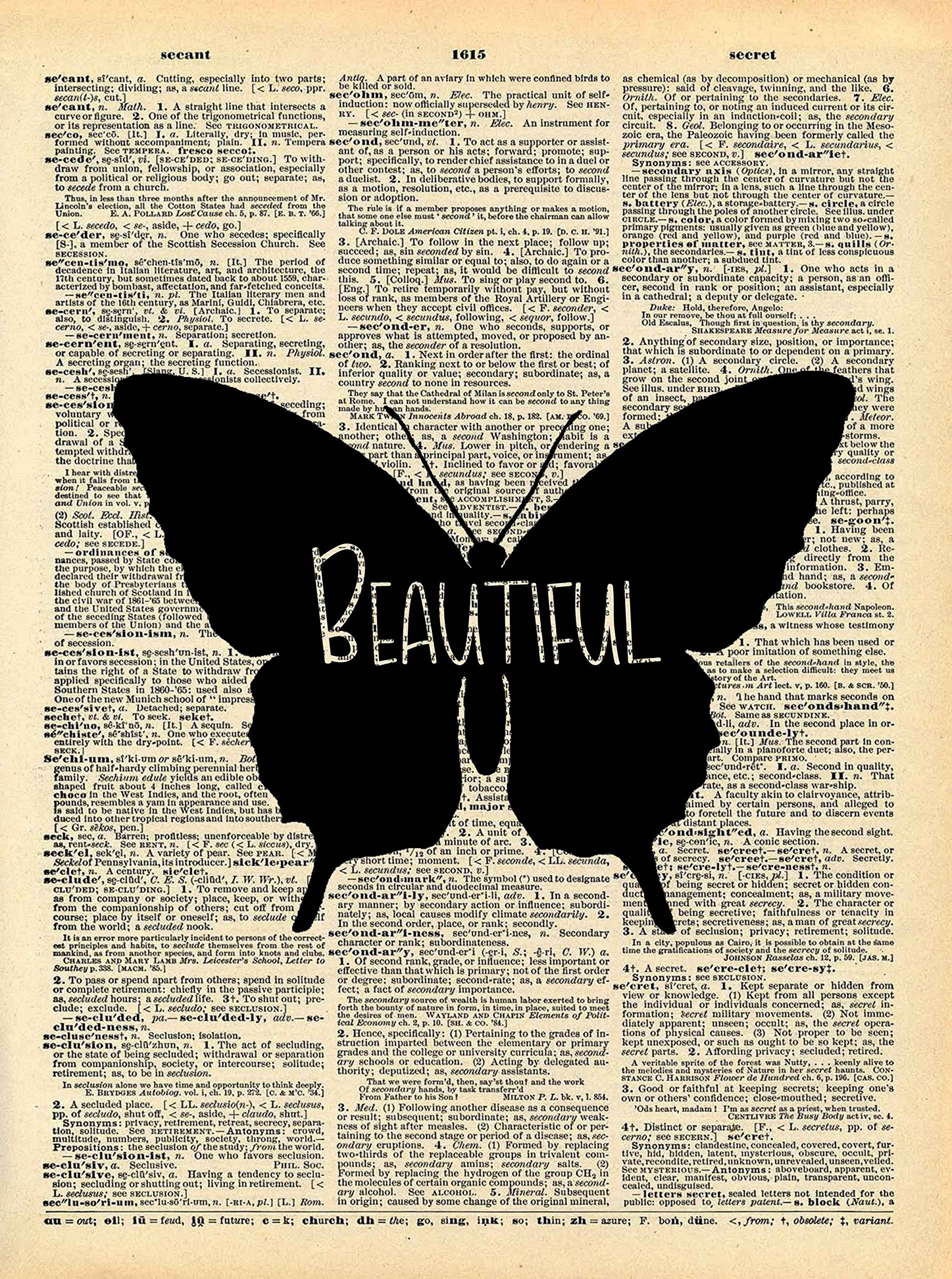 Butterfly Beautiful Art - Vintage Dictionary Print 8x10 inch Home Vintage Art Abstract Prints Wall Art for Home Decor Wall Decor Living Room Bedroom Ready-to-Frame