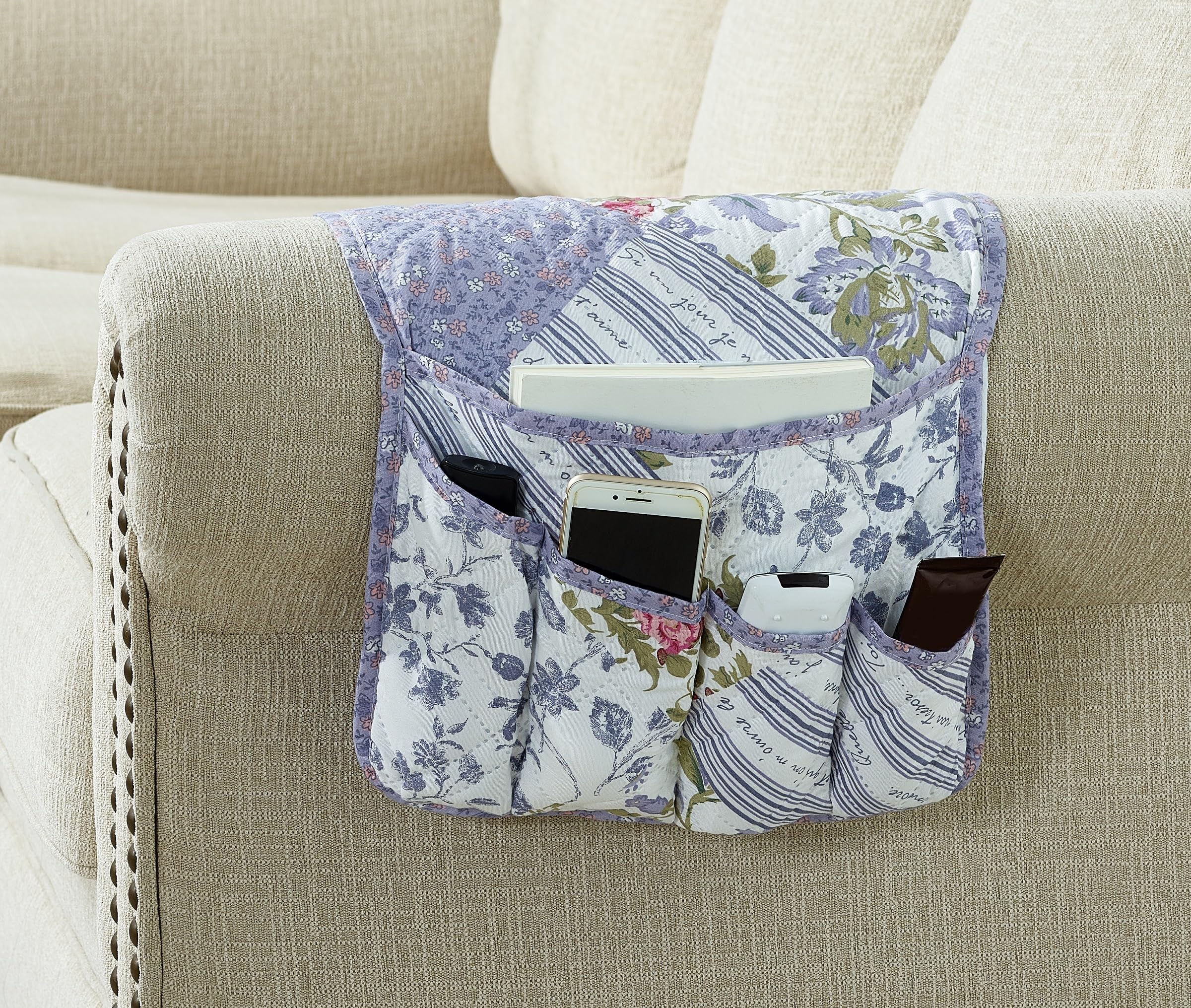 Brilliant Sunshine Rose Violet Patchwork Couch Armrest 5 Pockets Organizer, Slip Resistant Recliner Armchair Caddy, Washable Remote Controls Holder,