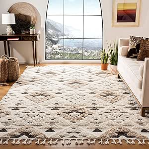 SAFAVIEH Area Rug 8x10 - Moroccan Tassel Shag Collection - Large - Ivory &amp; Brown, Boho Design, Non-Shedding &amp; Easy Cleaning, Plush Pile, Ideal for Living Room, Bedroom, Dining Space (MTS688A)