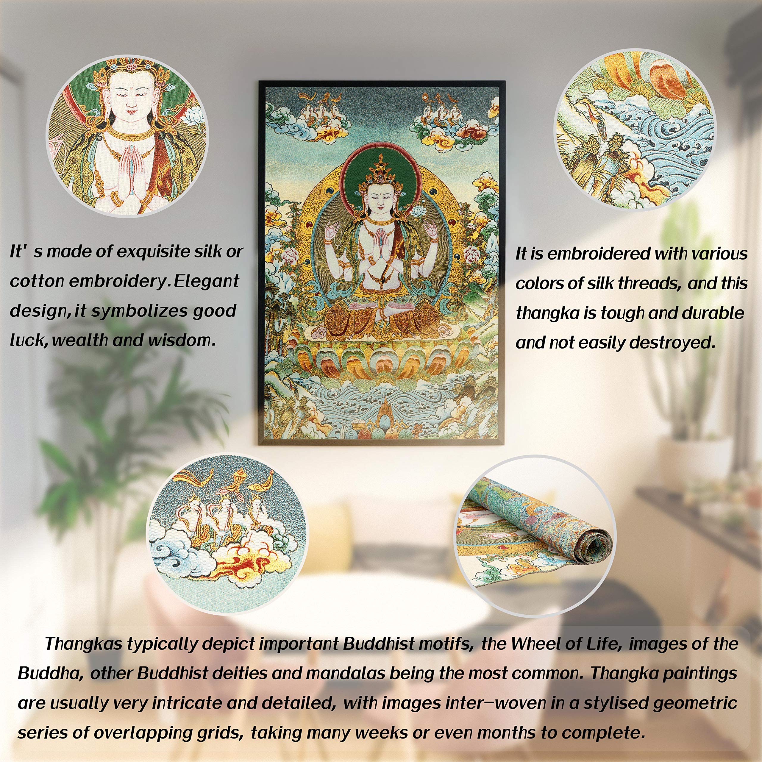Prime Feng Shui - Thangka tibetano ricamato in seta, con Tara verde/ Buddha kashgari/Kwan Yin a quattro braccia/Avalokitesvara, da appendere alla parete, decorazione per la casa, per meditazione Kt038