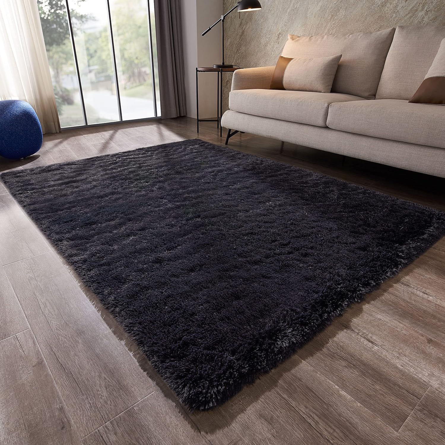 Soft Fluffy Area Rugs, Shaggy 7'X10' Living Room Rugs Fuzzy Black Rugs Anti-Skid Furry Comfy Bedroom Rugs for Kids Room Dorm Room 7x10 Feet Black