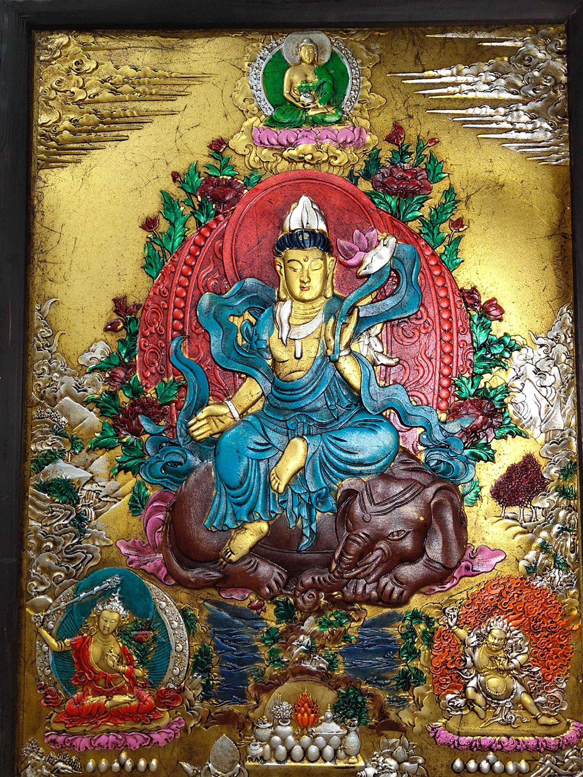Home Decor 28" Tibet Buddhism Old Bronze Wooden Frame Painted Thangka Samantabhadra Statue Worship Amulets ThangkasStatue SurongL