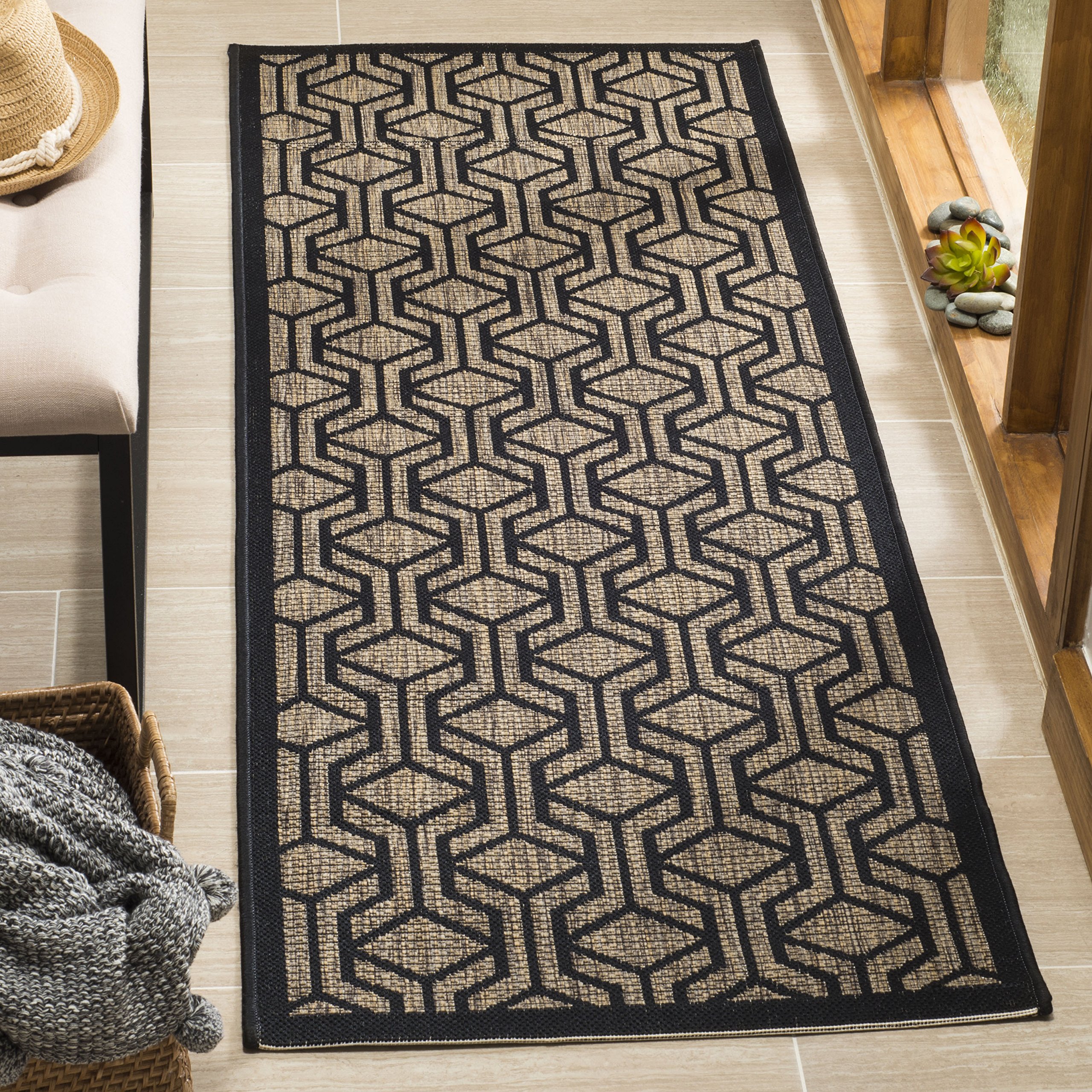 Safavieh Contemporary Indoor/Outdoor Woven Runner Area Rug, Courtyard Collection, CY6114, in Brown / Black, 69 X 201 cm for Garden, Patio or Any Outdoor Space