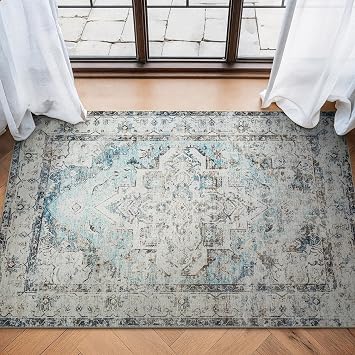 Bloom Rugs Washable Non-Slip 3 x 5 Rug - Beige/Blue Traditional Area Rug for Living Room, Bedroom, Dining Room, and Kitchen - Exact Size 3 x 5