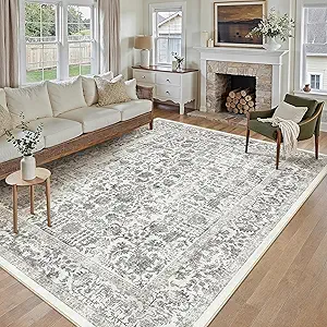 Black Area Rug 10x12 Machine Washable Large Vintage Living Room Distressed Non Slip Carpet Traditional Indoor Bedroom Grey Retro Floral Accent Throw Rug for Office Kitchen Dining Room