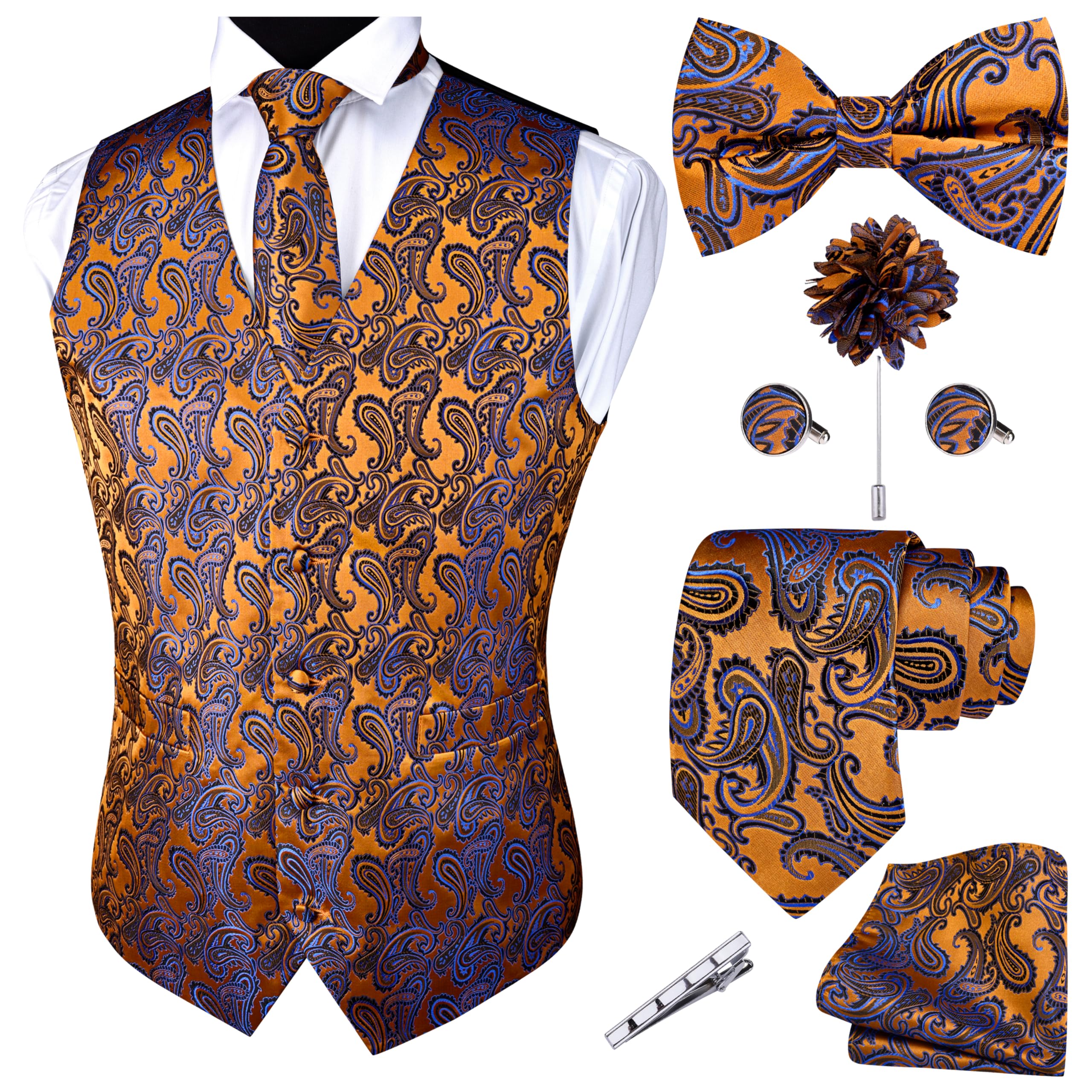 GUSLESON Formal Men Vest Paisley Floral Jacquard Tie Waistcoat Bow tie Hanky Lapel Pin Cufflinks Set Wedding 7PCS