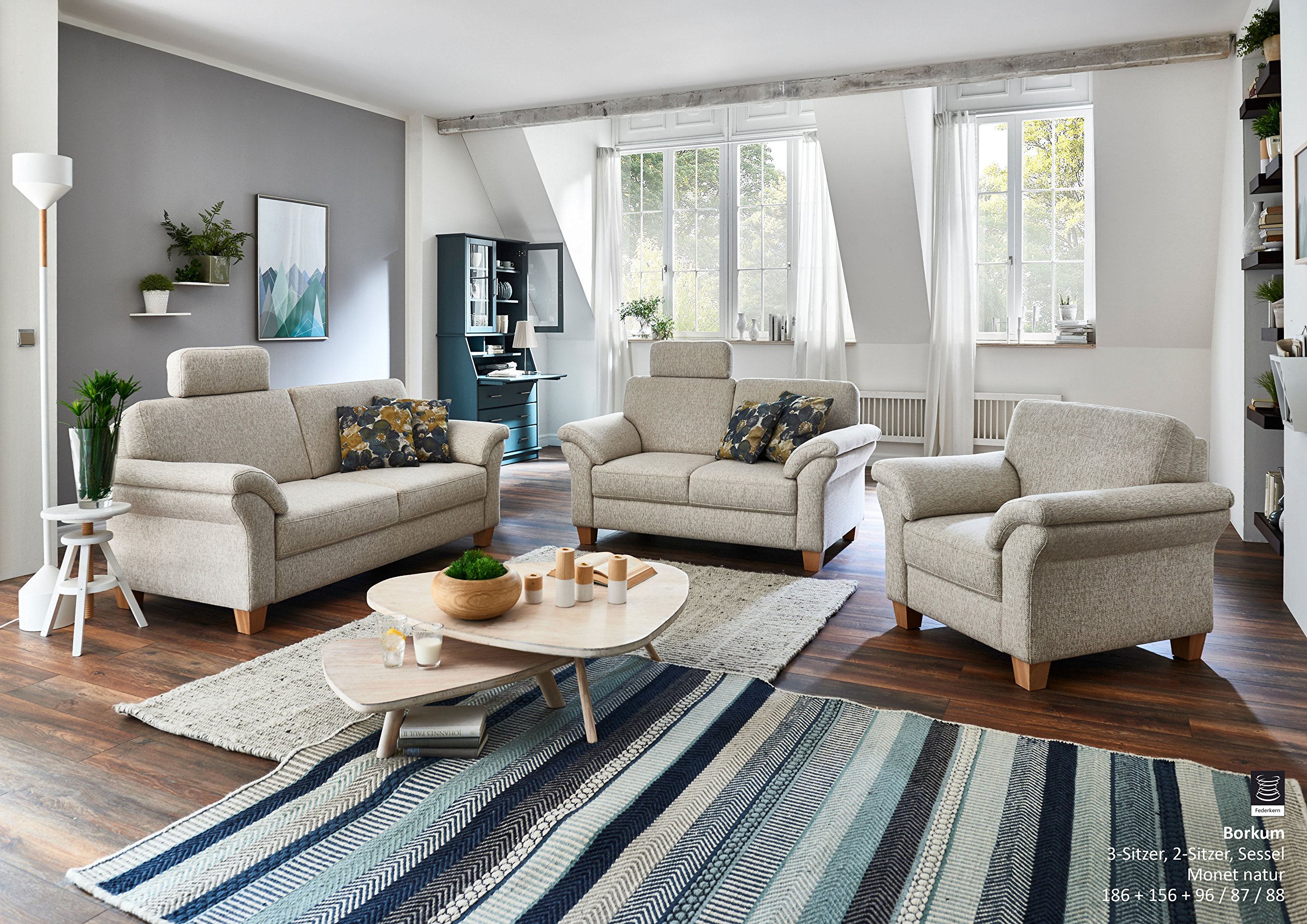 CAVADORE 3-Sitzer Byrum / Große 3er-Couch im Landhausstil mit Federkern / Passend zur edlen Sofagarnitur Byrum / 186 x 87 x 88 / Natur (Weiss-Beige)