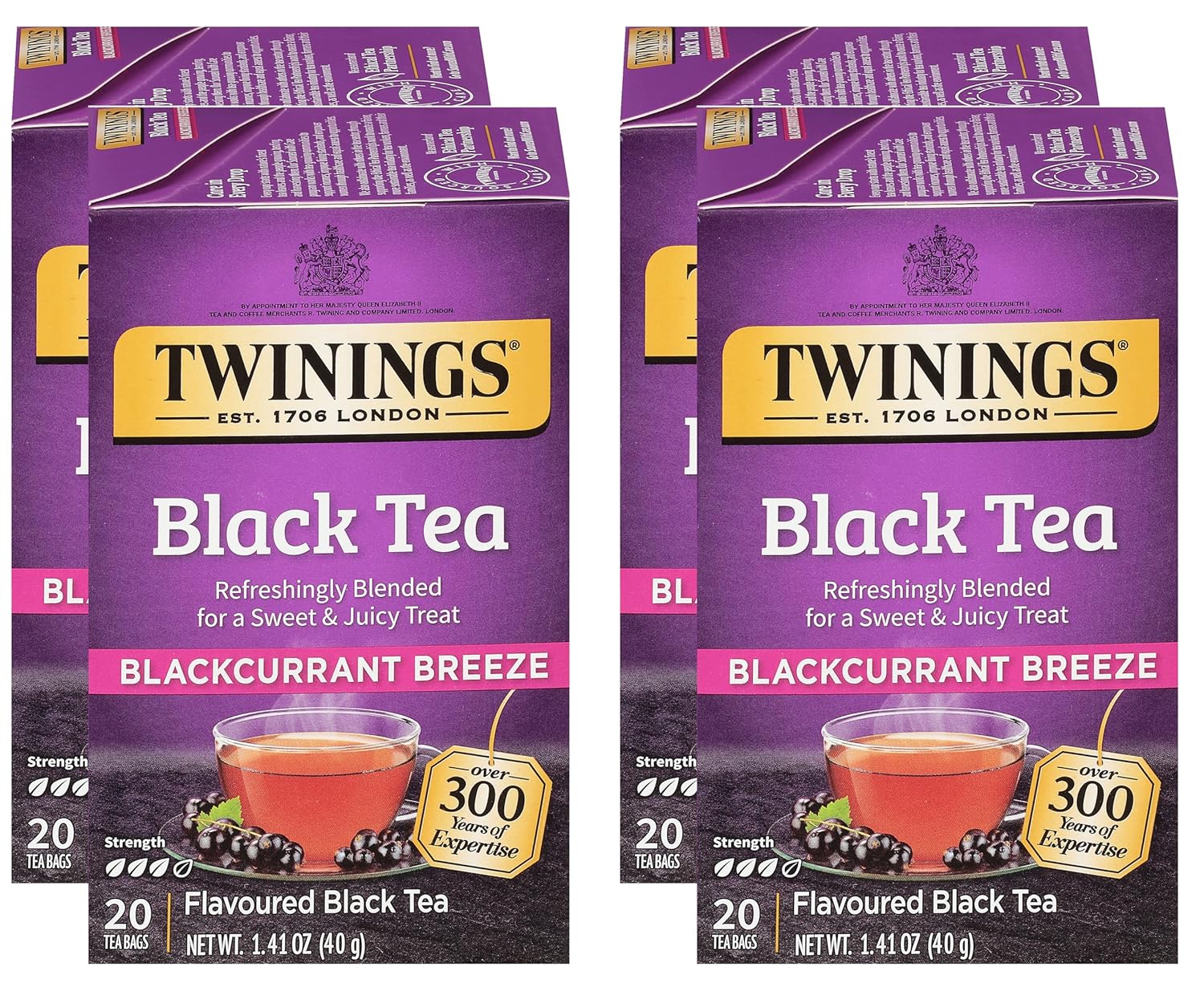 Twinings Blackcurrant Breeze Black Tea Individually Wrapped Bags, 20 Count (Pack of 4), Sweet, Tangy Taste, Caffeinated, Enjoy Hot or Iced, 80 Teabags.