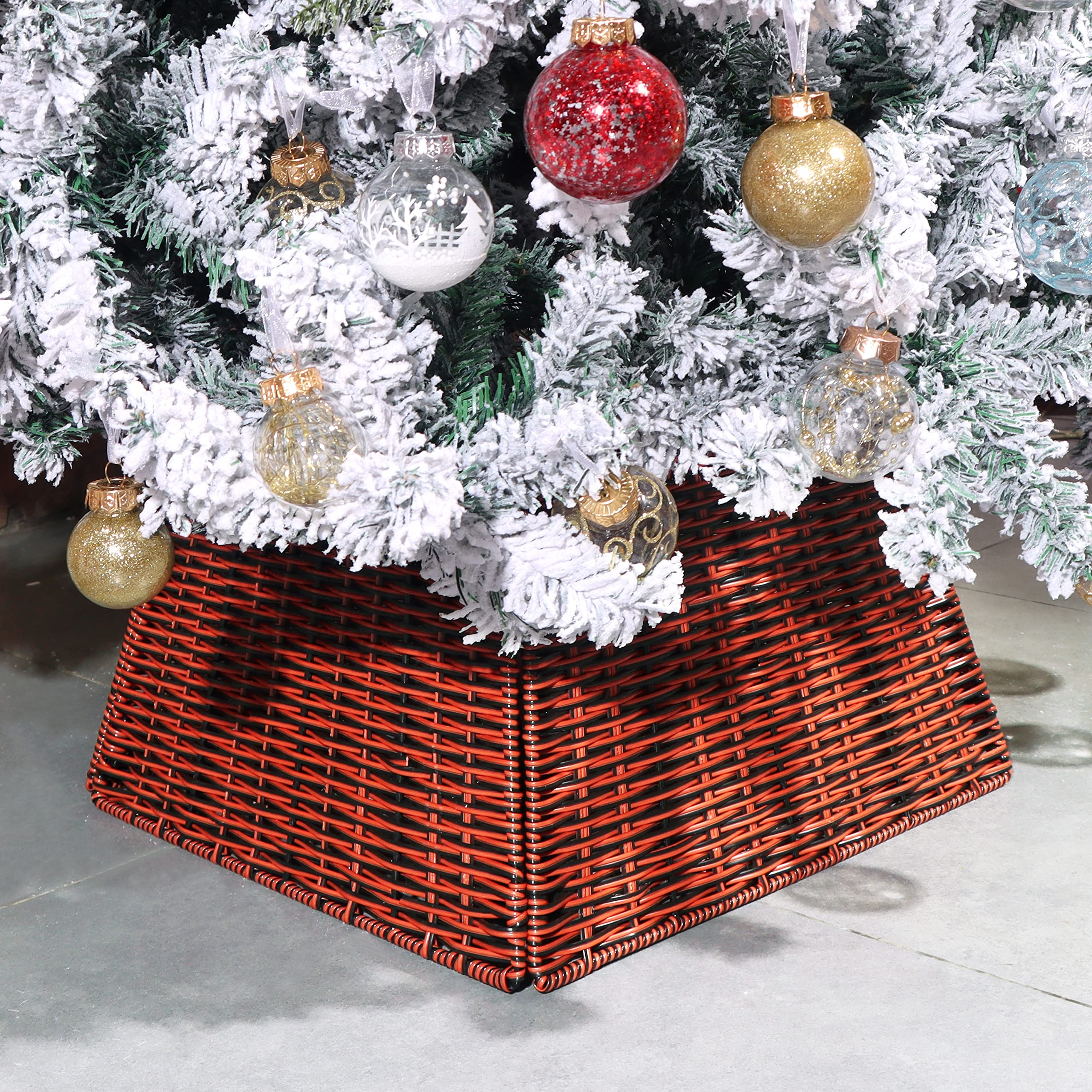 Blissun Christmas Tree Collar, Plastic Rattan Xmas Tree Ring, Farmhouse Christmas Tree Collar, Christmas Tree Skirt for Artificial Christmas Trees Decoration, Red & Black