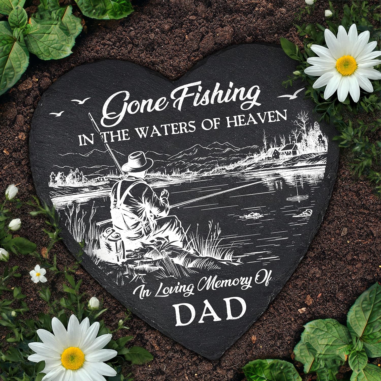 Memorial Stone Loss of Dad Fishing, Gone Fishing in The Waters of Heaven, Sympathy Gift Fisherman Stone for Loss of Dad on Fathers Day, Christmas