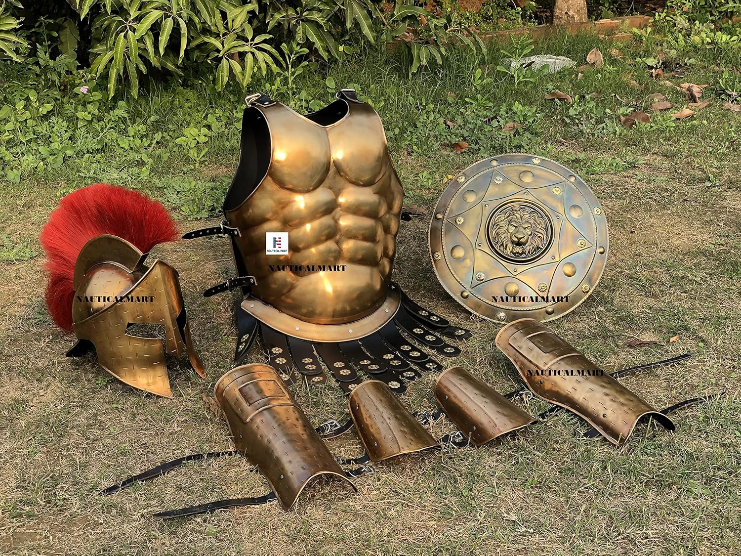 Medieval Roman King Leonidas 300 Spartan Helmet W/Red Plume + Muscle Armor Cuirass + Lion Shield + Spartan Leg Or Arm Guard Halloween Costume