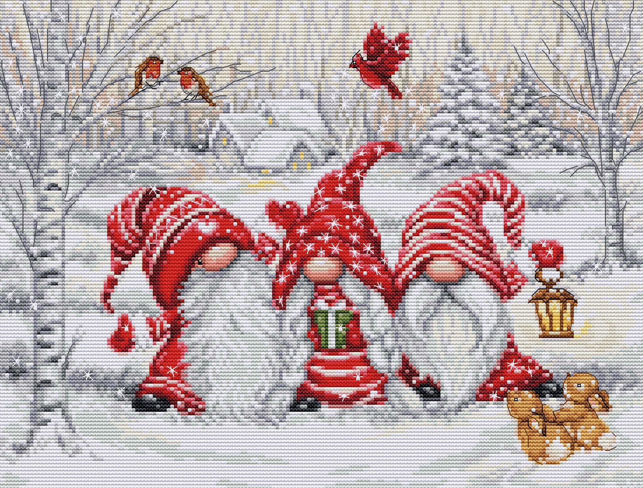Luca-S Cross Stitch Kit Three Gnomes in Wood, BU5050, Counted Cross Stitch Kit for Adults Needlecraft and Embroidery Kit