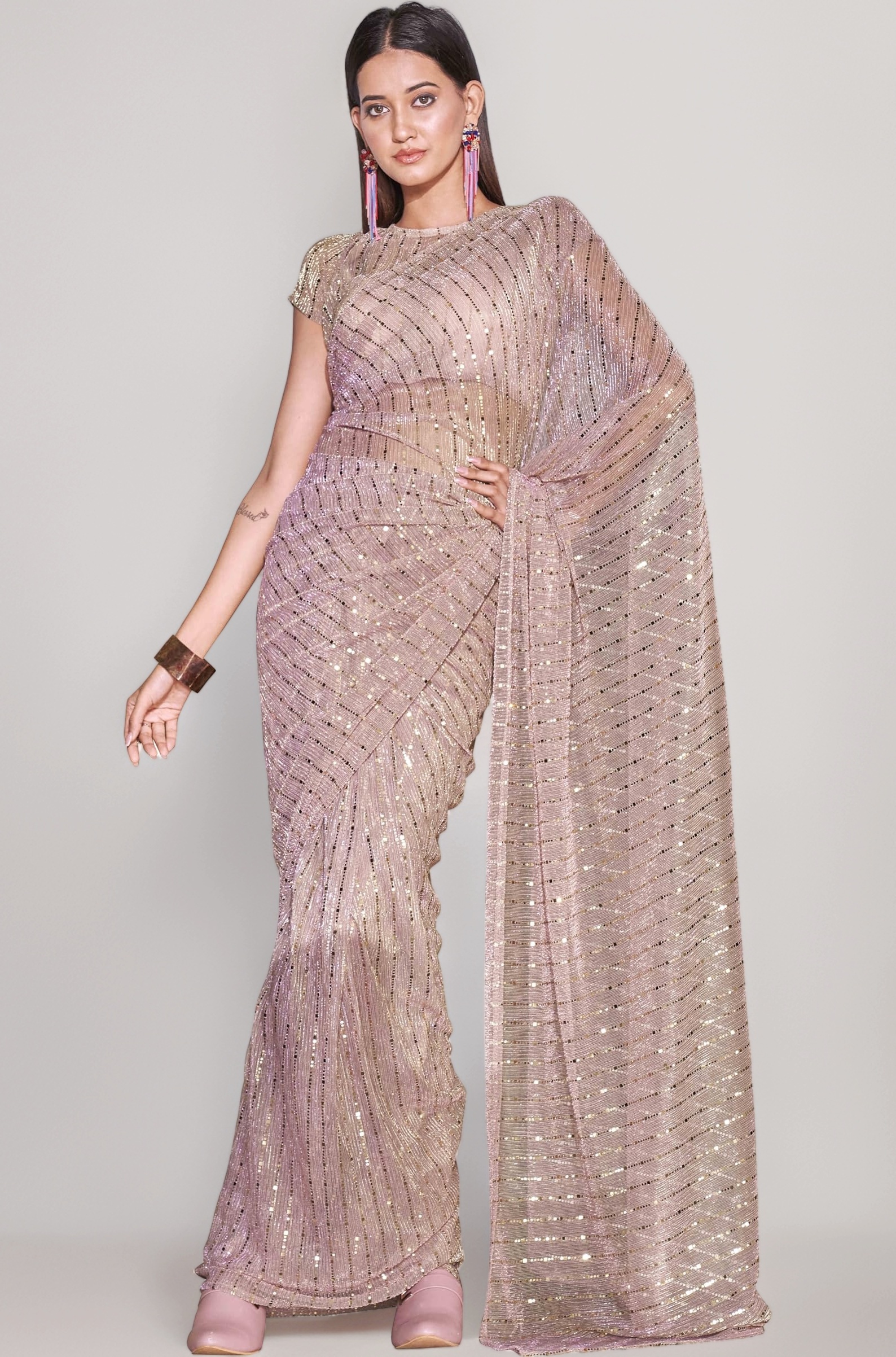 Women's Foil Embellished Lycra Ready to Wear Pink Saree With Un-stitched blouse