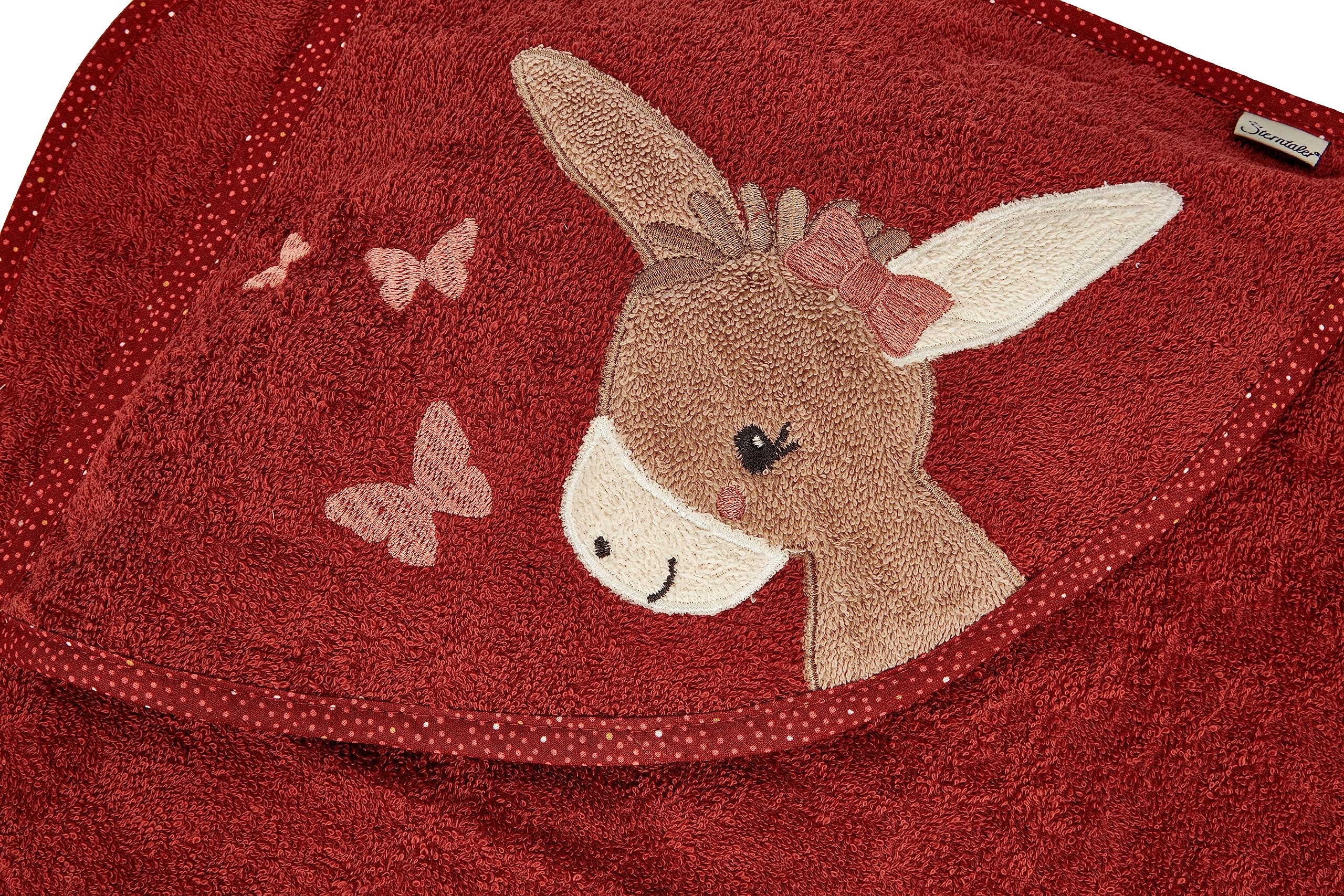 Sterntaler Kapuzenbadetuch Esel Emmily, geeignet ab Geburt, weiches Frottee-Badetuch mit Kapuze und appliziertem Esel Emmily Motiv, kuschelig nach dem Baden – Rot, 80x80x0,5 cm