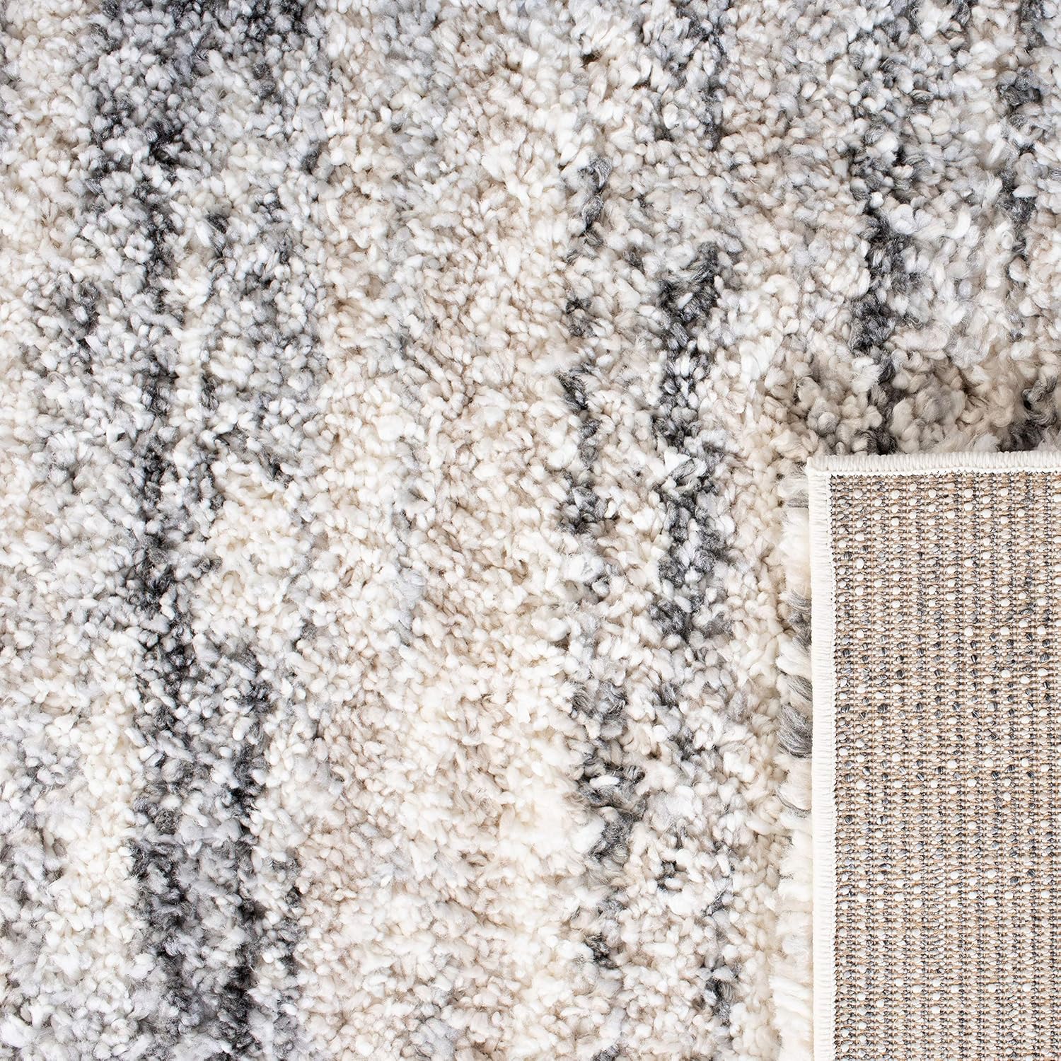 SAFAVIEH Fontana Shag Collection Accent Rug - 2'3" x 4', Ivory & Grey, Modern Stripe, Non-Shedding & Easy Care, 2-inch Thick Ideal for High Traffic Areas in Foyer, Living Room, Bedroom (FNT842A)