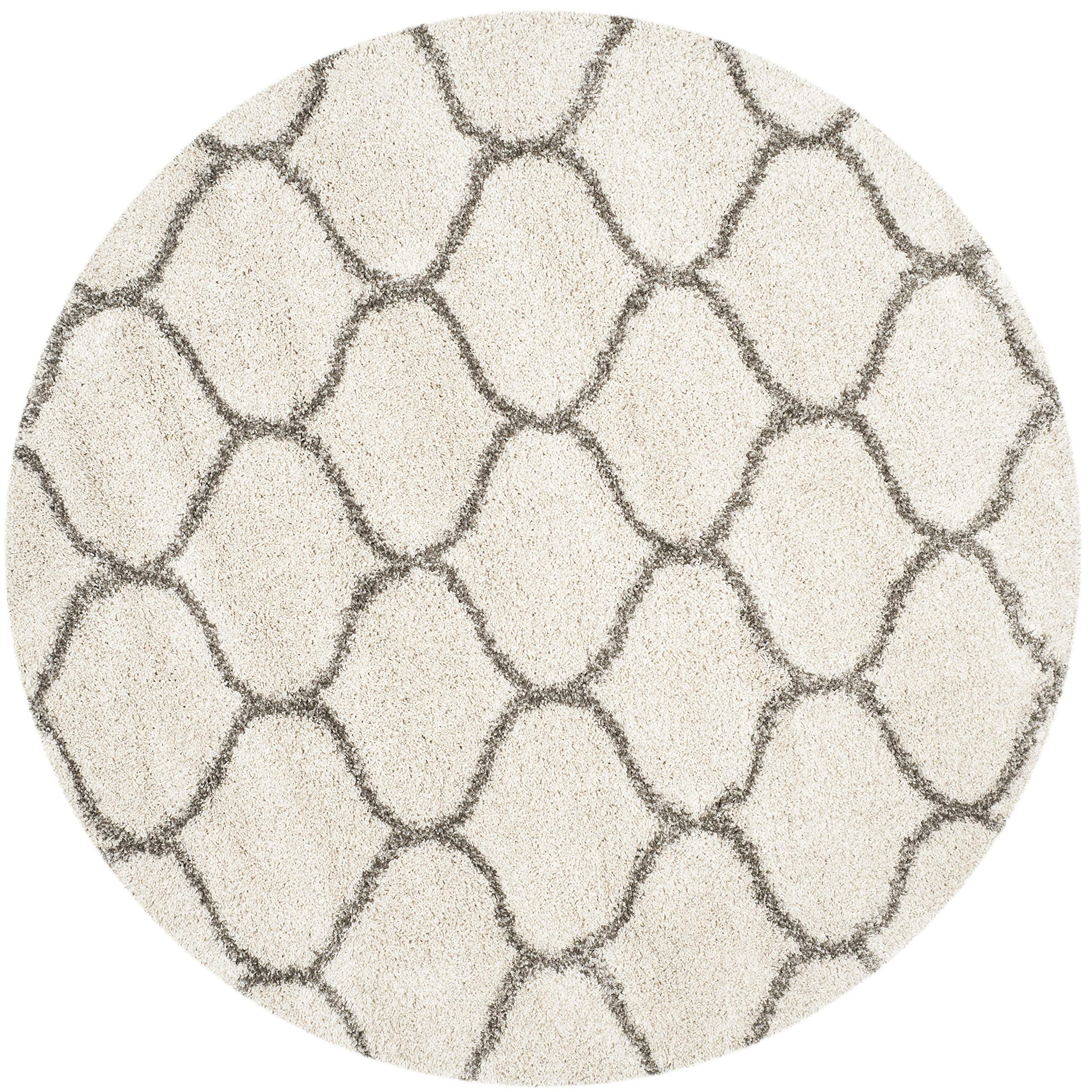 SAFAVIEH Hudson Shag Collection 8' Round Ivory/Grey SGH280A Moroccan Ogee Trellis Non-Shedding Living Room Bedroom Dining Room Entryway Plush 2-inch Thick Area Rug