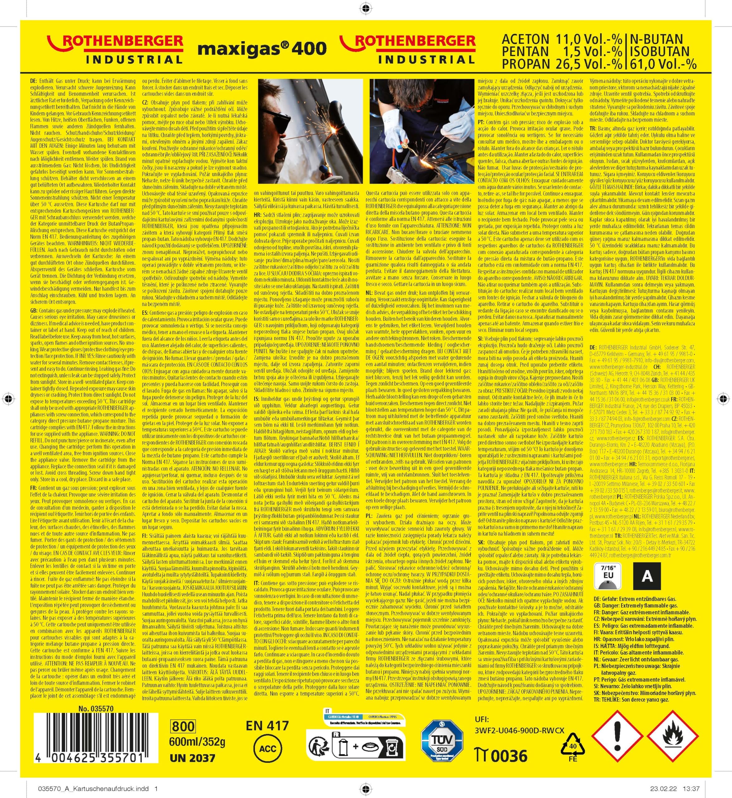 Rothenberger 35570 Maxigas 400 Miscela Speciale di Gas, 600 Ml, Giallo