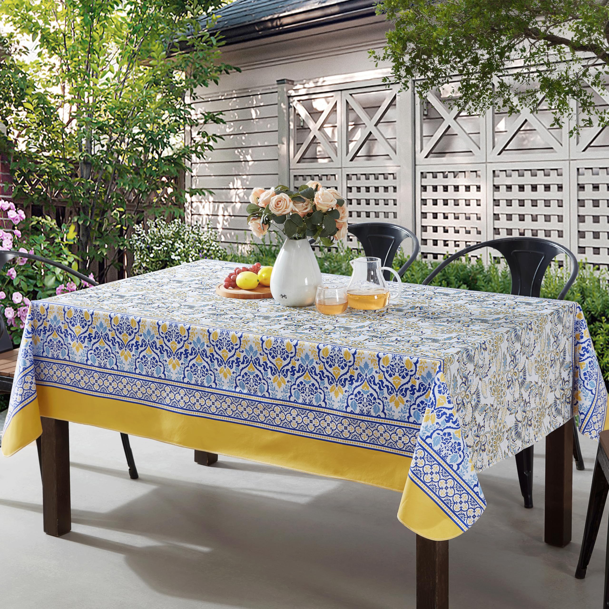 Home Bargains Plus Rectangle Vinyl Tablecloth with Flannel Backing, 60 x 84 Inch, Alluring French Country, Yellow and Blue Floral Vinyl Table Cover, Heavy Weight for Dining Party and Barbecues