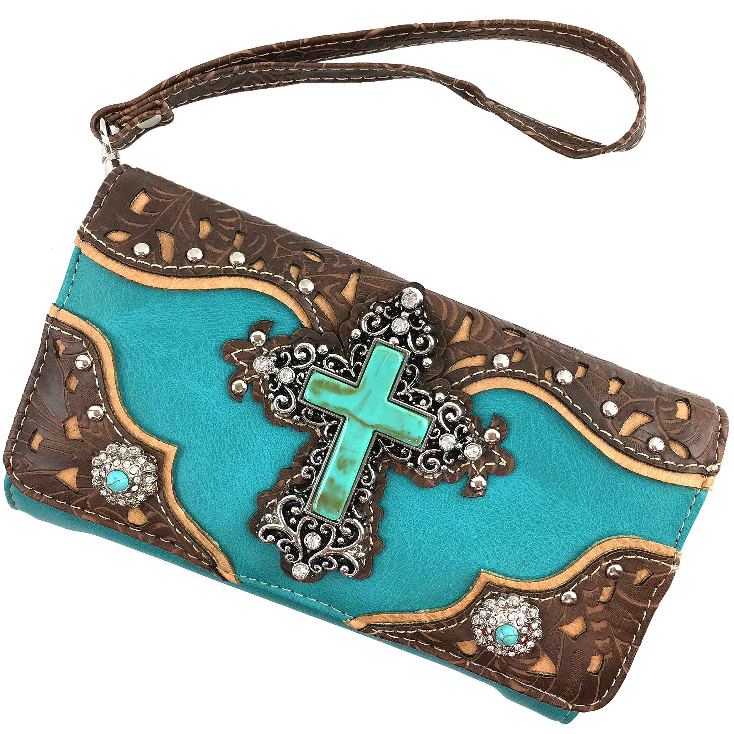 Justin West Tooled Leather Laser Cut Turquoise Rhinestone Cross Concho Studded Messenger Handbag with CrossBody Strap (Turquoise Wallet)