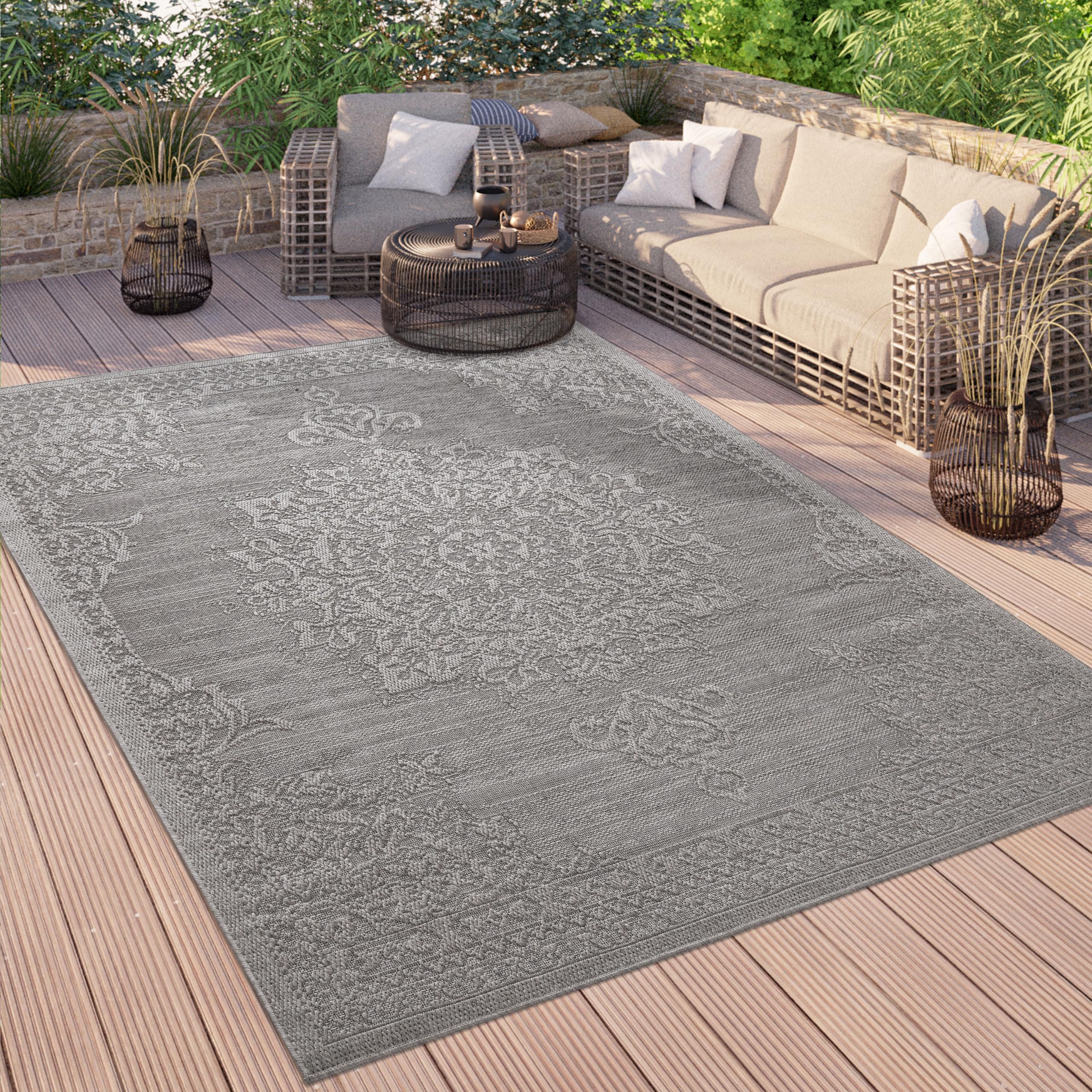Paco Home Outdoor Teppich Wetterfest Balkon Küche Wohnzimmer Orientalisches Muster Vintage Optik Einfarbig 3D Modern, Grösse:80x150 cm, Farbe:Anthrazit