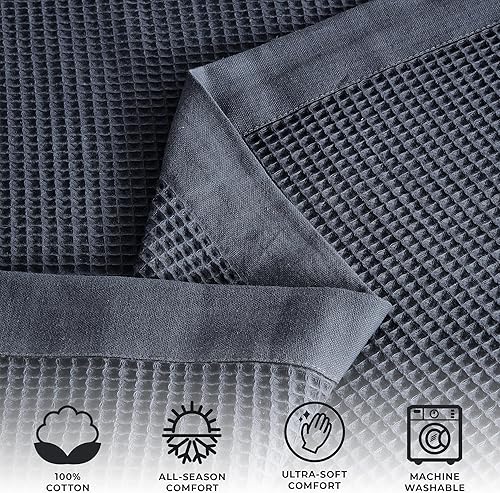Miniatura 2 de Great Bay Home Manta de algodón 100 % algodón con tejido de gofre, tamaño matrimonialqueen, ligera y transpirable, suave manta de cama azul océano,