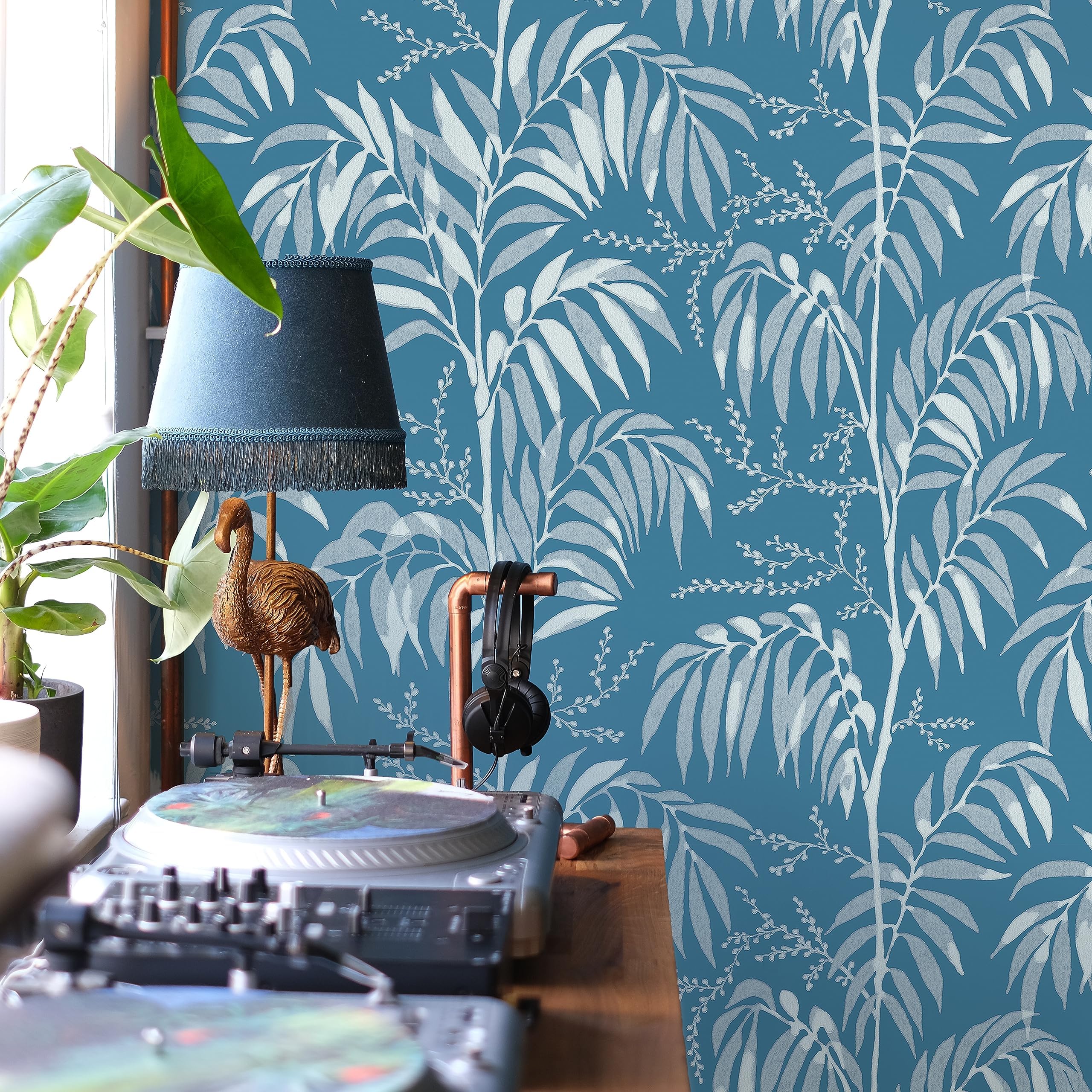 Photo 1 of Leaf Wallpaper Peel and Stick Wallpaper Navy Blue Wallpaper for Bedroom Floral Boho Contact Paper 197in×17.7in Gray-Blue