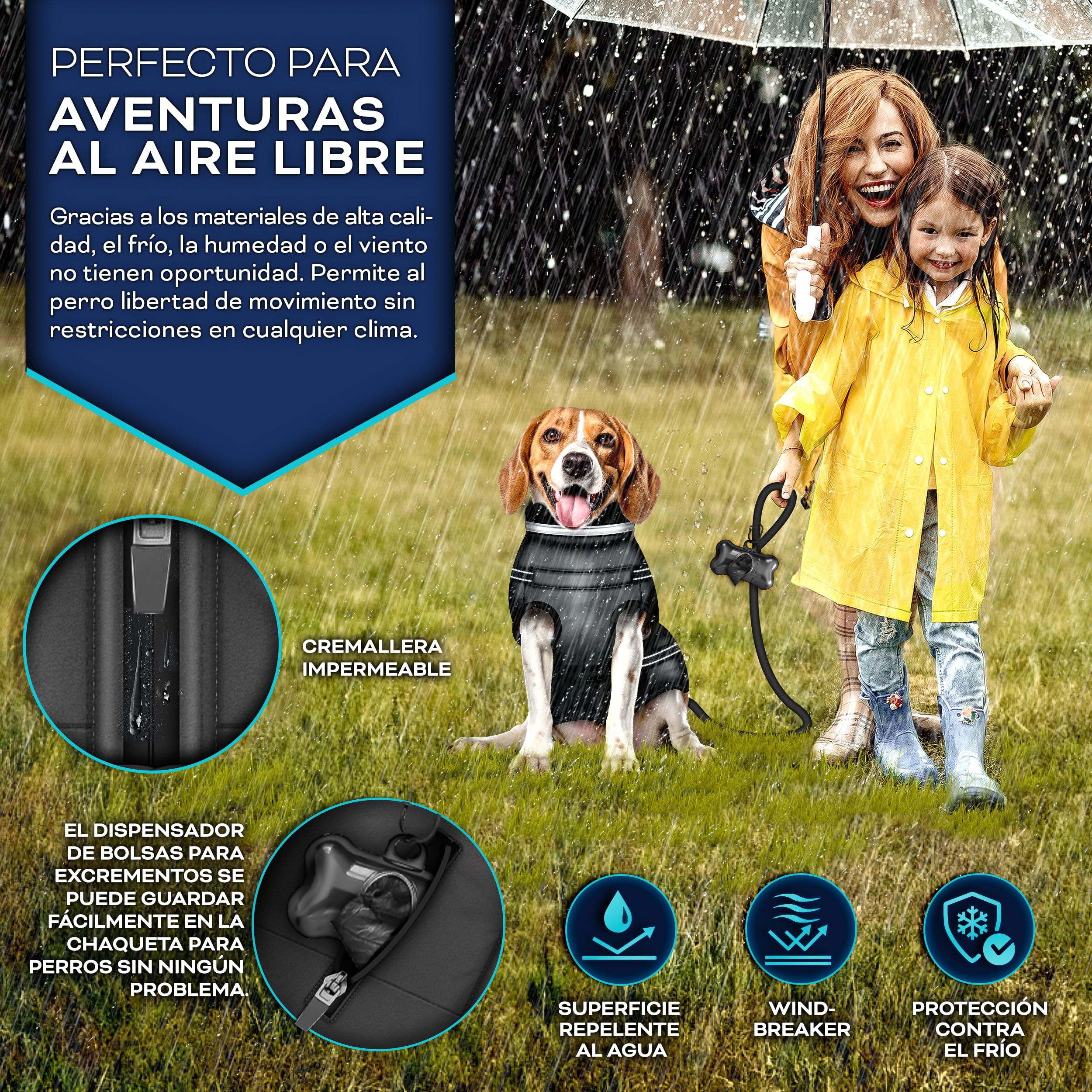 TRESKO® Chaqueta de invierno para perro con reflectores con 15 bolsas para excrementos + dispensador | Abrigo impermeable para perros | Abrigo para perros con arnés | Chaleco de invierno para perros pequeños, medianos y grandes