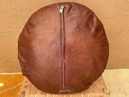 Miniatura 4 de Puf redondo de lujo hecho a mano, cómodo, bohemio, otomano y reposapiés, piel de cabra premium (sin relleno) (marrón bronceado (diseño pepping)