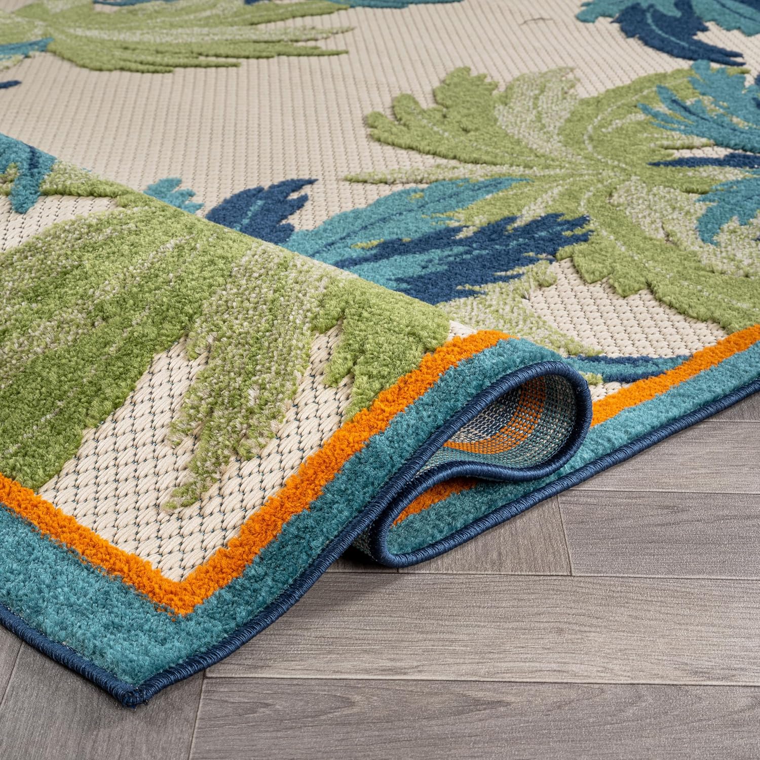 Rugshop Indoor/Outdoor High-Low Textured Area Rug, Palm Border, Easy-Clean Patio Rug for Porch Deck Balcony 5' x 7' Beige/Multi