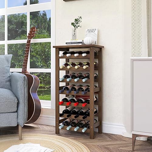 Vista 7 de SMIBUY Estante de bambú para vino, soporte para 28 botellas con mesa, estantes de almacenamiento independientes de 7 niveles para cocina, despensa