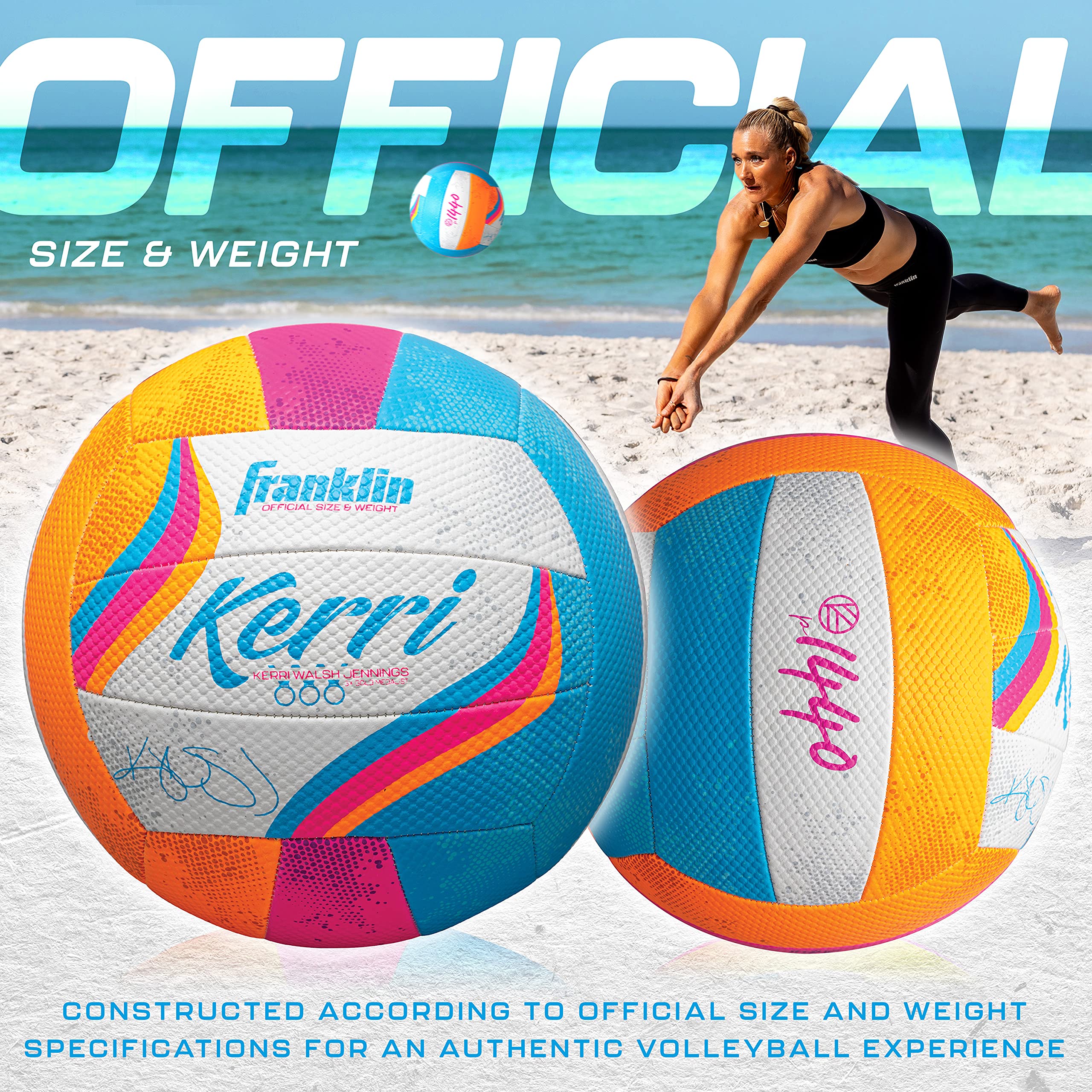 Franklin Sports Kerri Walsh Beach+Voleibol al Aire Libre – Tamaño Oficial + Peso – Voleibol de Cubierta Suave para niños + Adultos – con Bomba + Aguja incluida