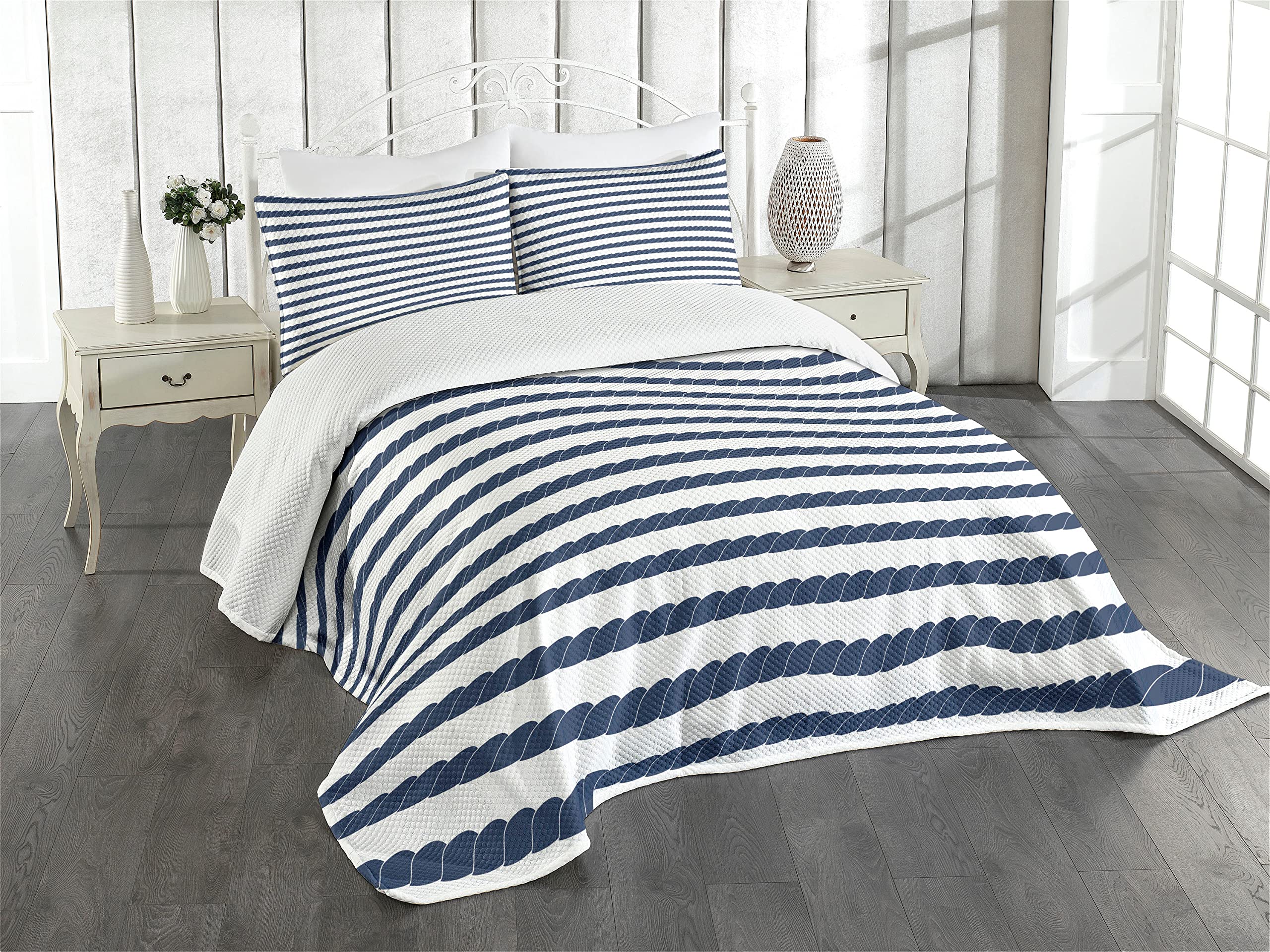 Ambesonne Navy Bedspread, Nautical Rope in Horizontal Style Marine Sea Life Ocean Pacific Art Print, Decorative Quilted 3 Piece Coverlet Set with 2 Pillow Shams, Queen Size, White Blue