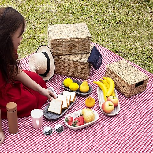 Miniatura 7 de PEMAR Cestas de almacenamiento rectangulares apilables de mimbre natural con tapas, cestas tejidas apilables, organizador de caja de almacenamiento