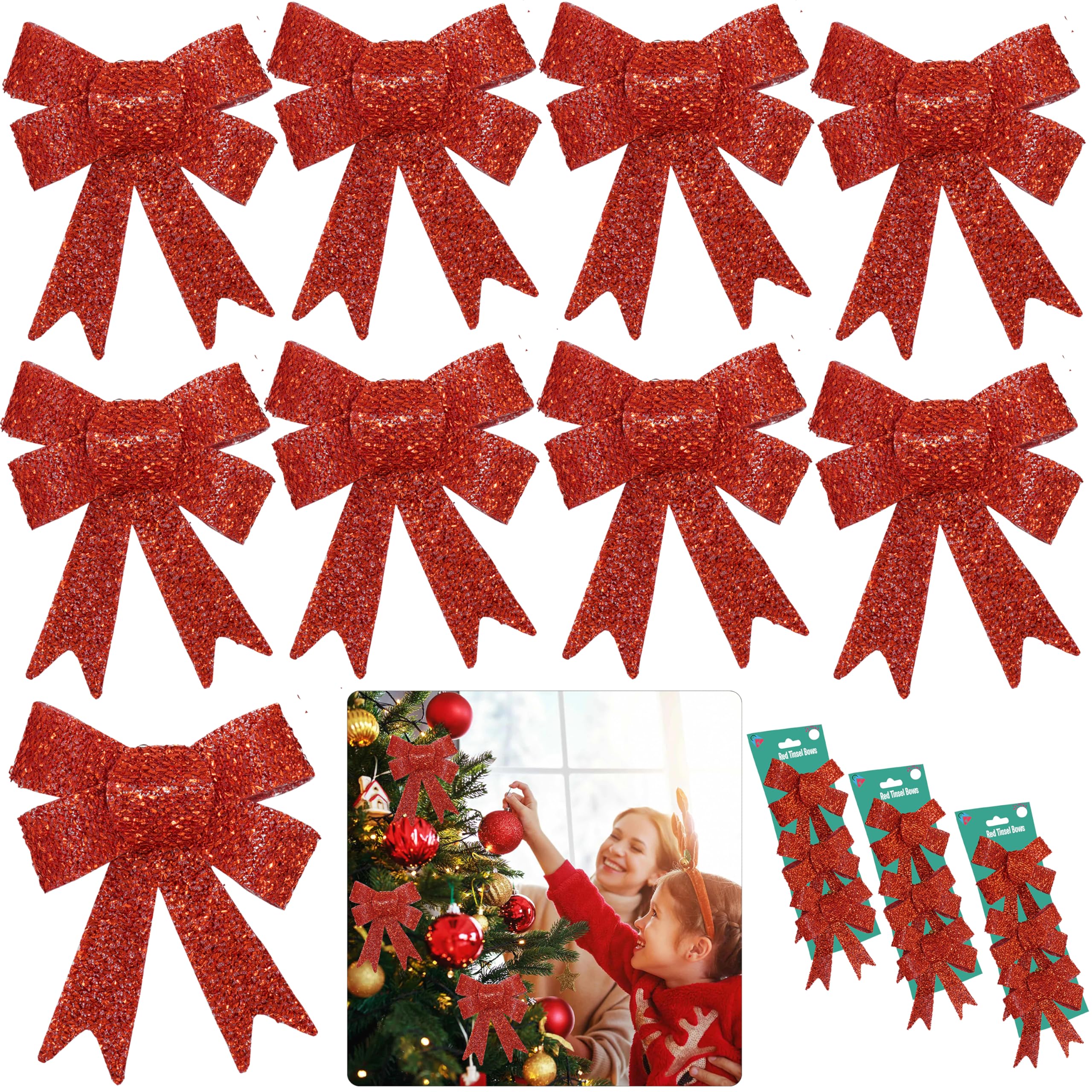9PCS Christmas Glittered Decorative Bows Tie On Card Xmas Tree Decoration 11cm (Pack of 3 Red 3Pack Glittered Bows)