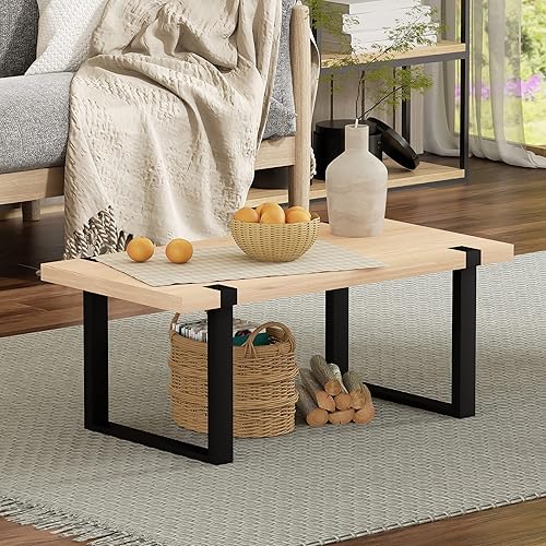 Stuffygreenus 47" Rustic Coffee Table, Rustic Wood Center Table for Living Room, Metal and Wood Tea Table, Modern Industrial Minimalist Wooden Cocktail Table (B- Wood Color)