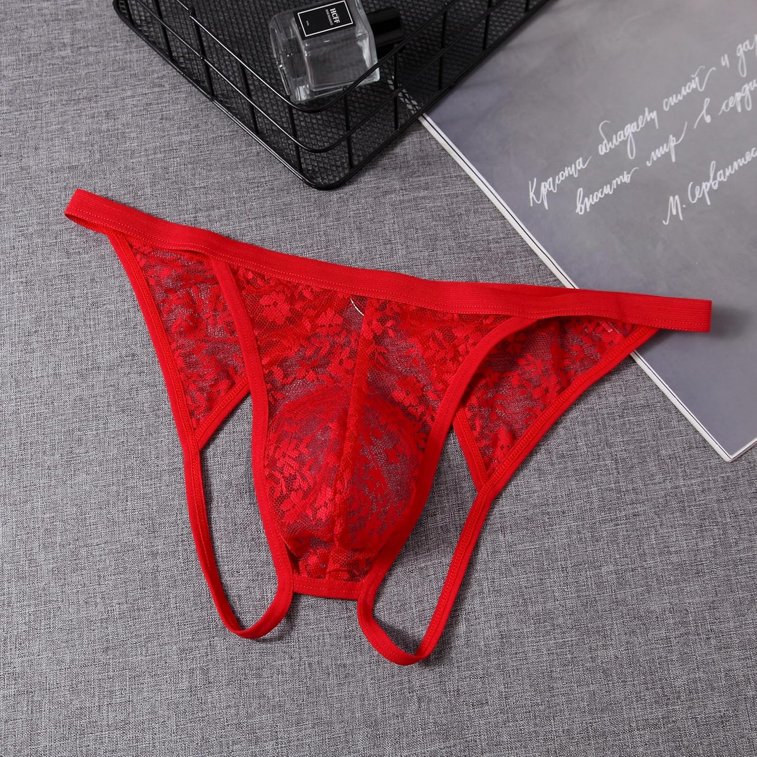 Men's Lace Underwear Open Back Sheer Sissy Pouch Panties Low Rise Sexy Femboy Lingerie Red