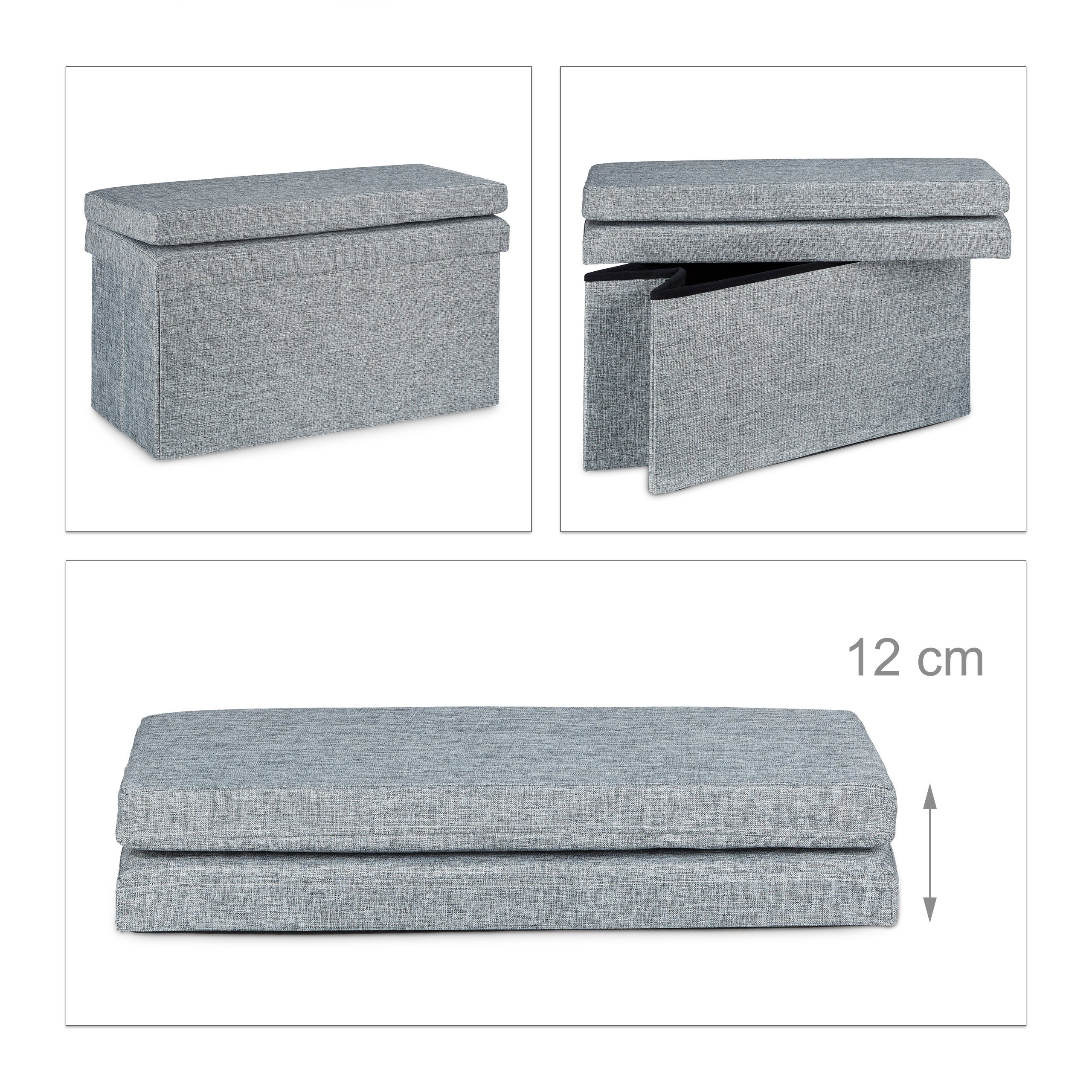 Relaxdays Panca Pieghevole con Schienale, Sgabello, con Coperchio e Contenitore, in Lino, HxLxP: 73x76x38cm Grigio