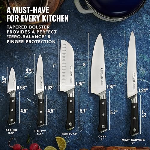 Miniatura 6 de Cutluxe Juego de 5 cuchillos de cocina, juego de cuchillos de chef, acero alemán afilado, espiga completa, asas ergonómicas, serie artesanal