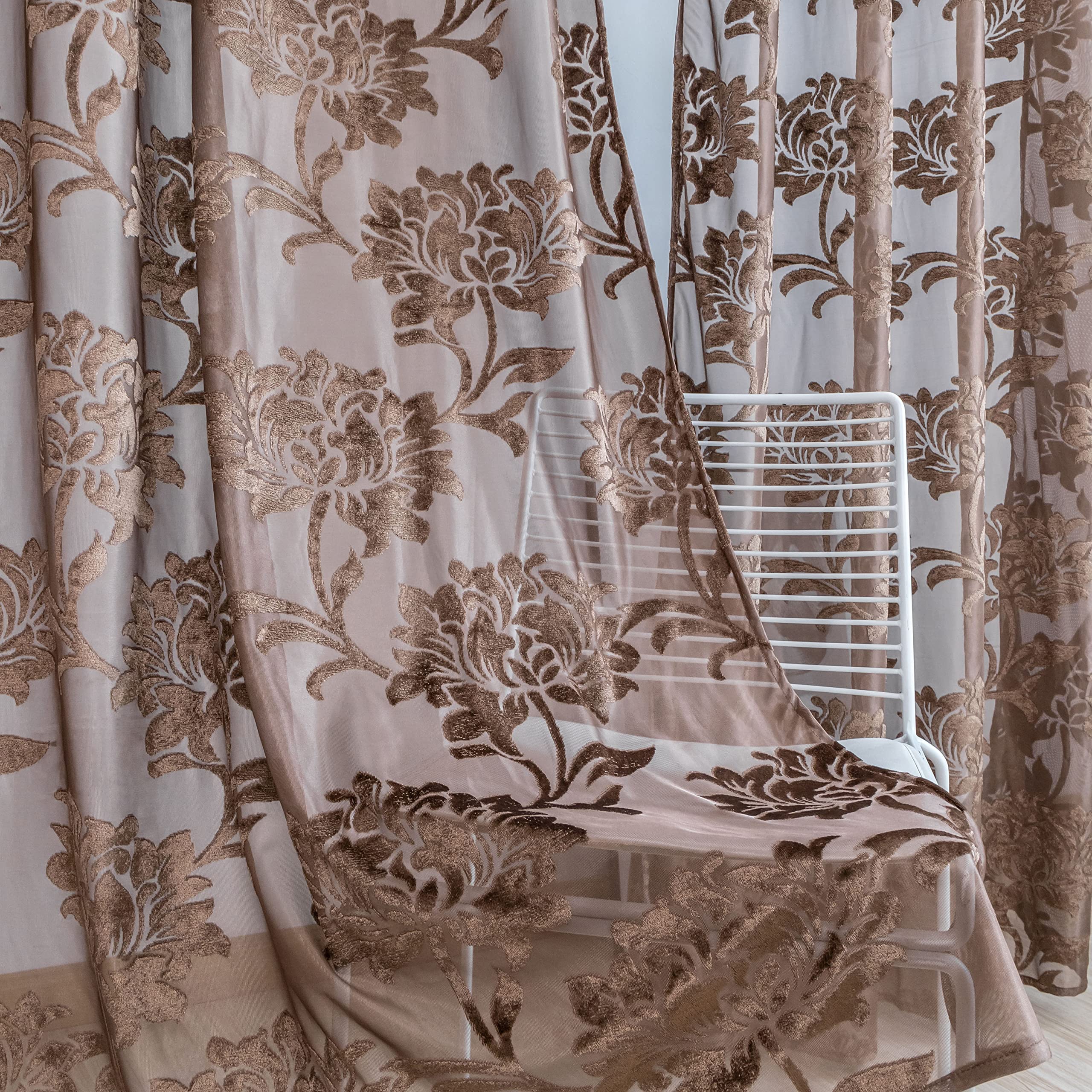 DECORIDEAGrommet Floral Velvet Sheer Window Curtain Panel Drapes - Classy Elegant Textured Vintage Curtain for Living Room Bedroom Curtain Panel , 2 Panels (Floral Chocolate Mocha, W52 x H84 Inches)