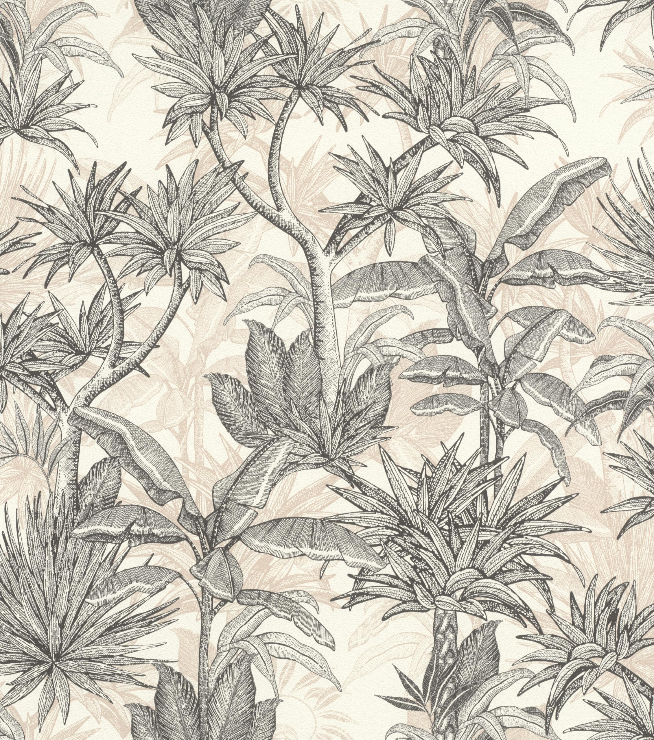 Rasch Black-White Non-Woven Wallpaper Plants & Palm Trees - Exotic Vinyl Wallpaper Botanical In White Beige Black For An Exotic Living Environment - Robust And Washable - 10.05 M X 0.53 M