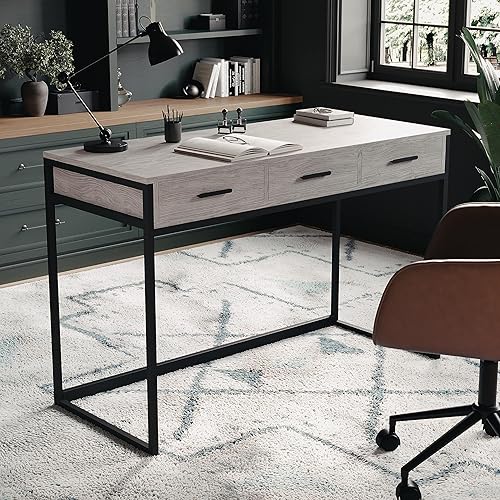 Miniatura 6 de Martha Stewart Ollie Escritorio de oficina en casa con 3 cajones en grano de madera gris con herrajes de bronce aceitado