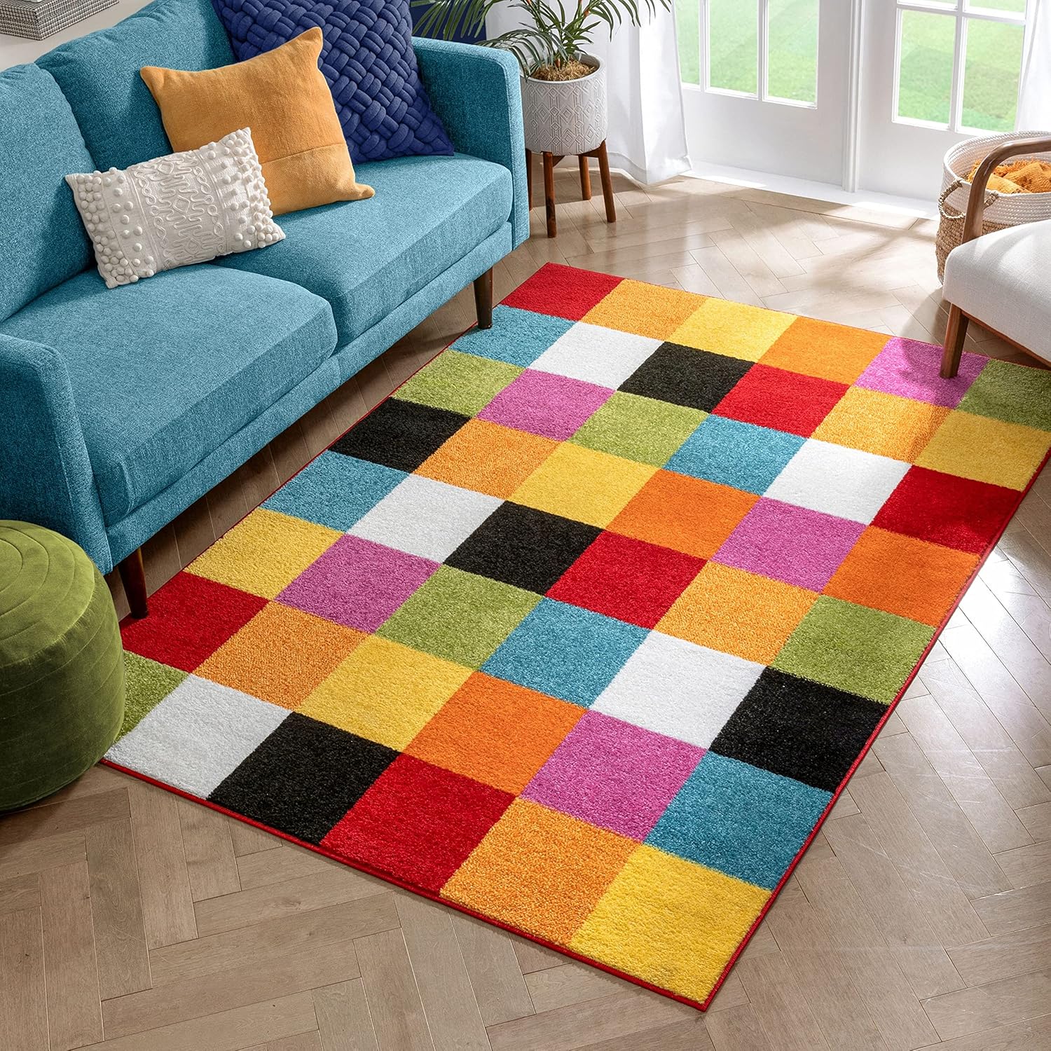 Well Woven Modern Rug Squares Multi Geometric Accent Area Rug (3'3" x 5') Entry Way Bright Kids Room Kitchn Bedroom Carpet Bathroom Soft Durable Area Rug