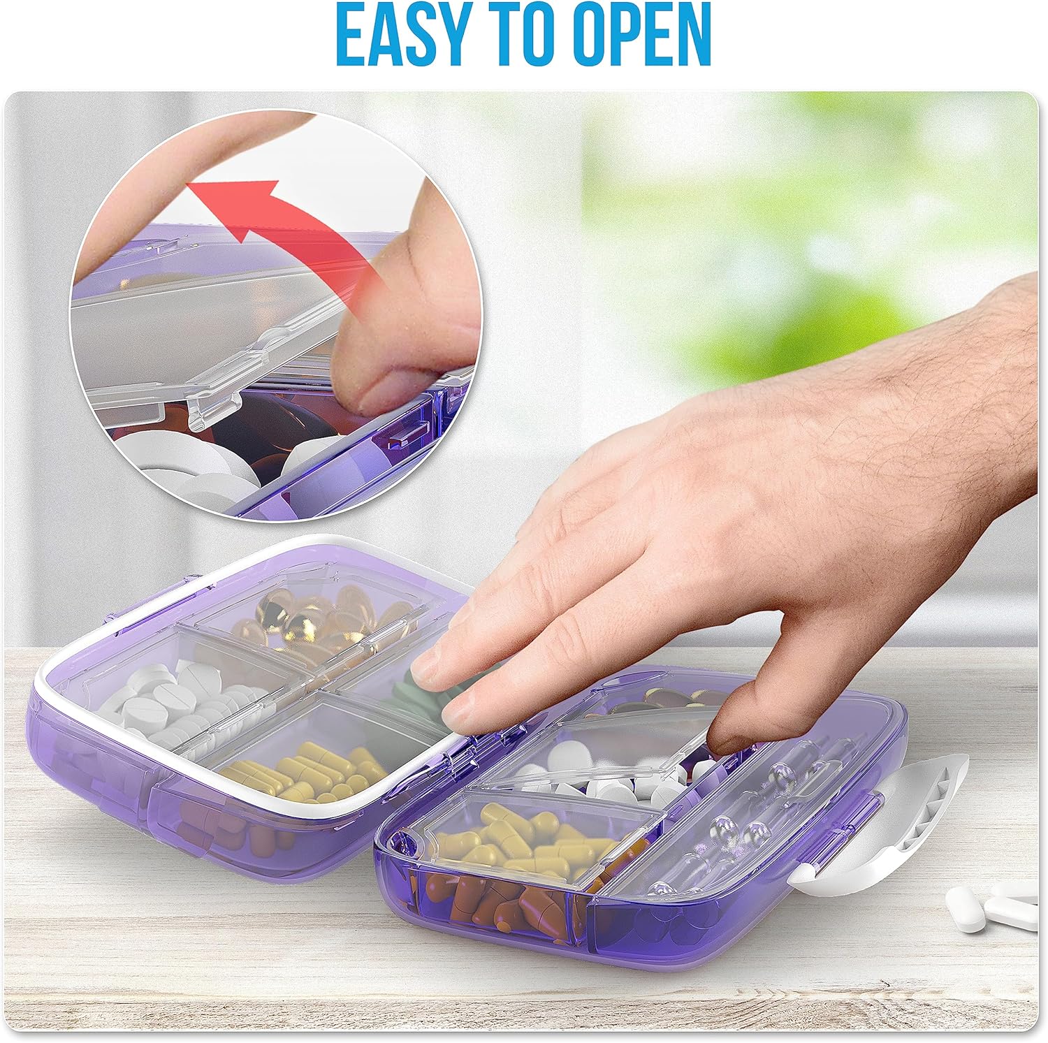 Airtight Pill Organizer Box Large Pill Dispenser Home Travel Essentials Supplement Holder Portable Vitamin Sorter Jumbo Size 8 Compartment Container Daily Medicine