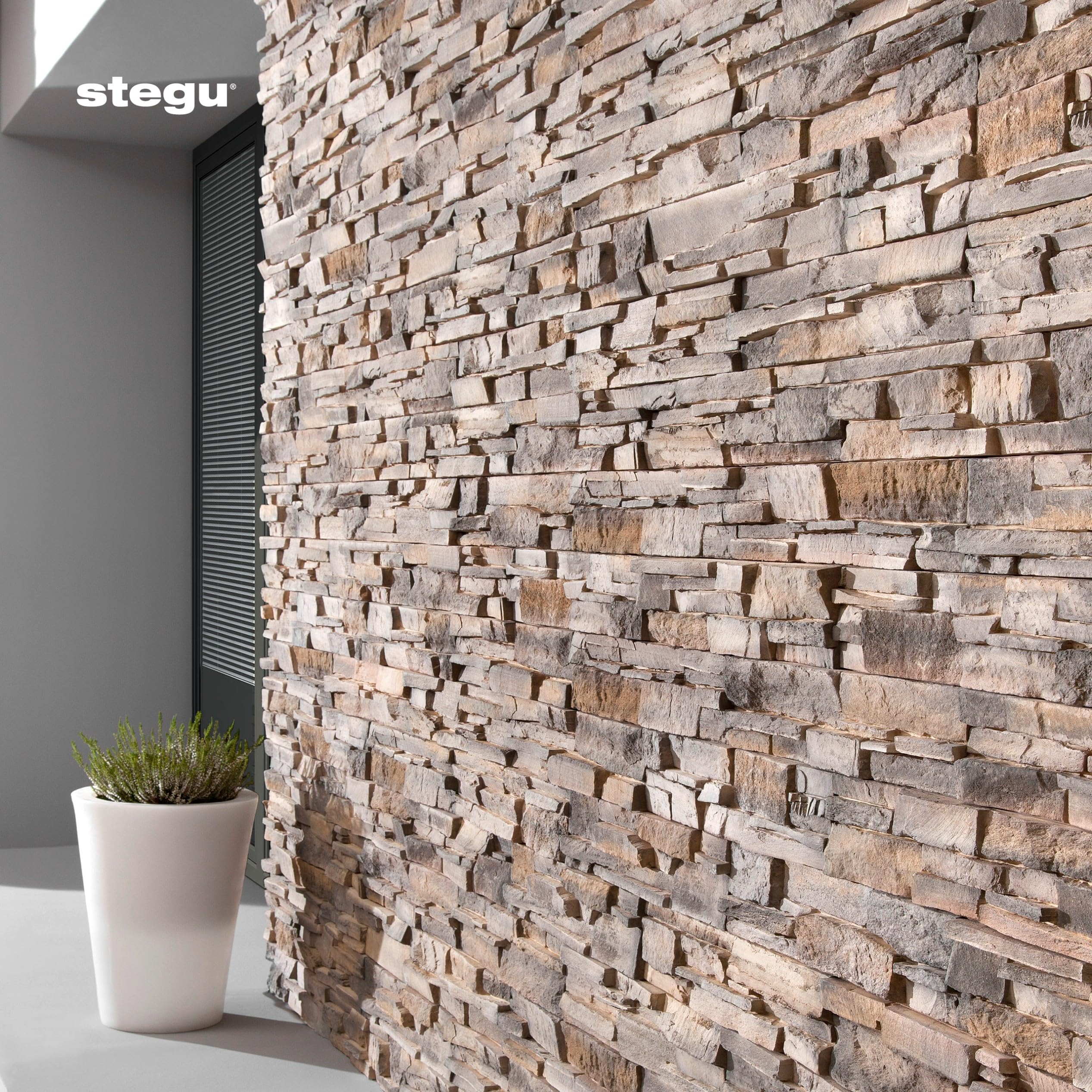 STEGU Grenada 1, Rivestimento Pietra Decorativa, Pannelli Parete Effetto Pietra Naturale, Rivestimento Interno & Esterno Resistente al Gelo, 55 x 11,7 cm, 0,32 m² 5 Pezzi, Grigio Beige
