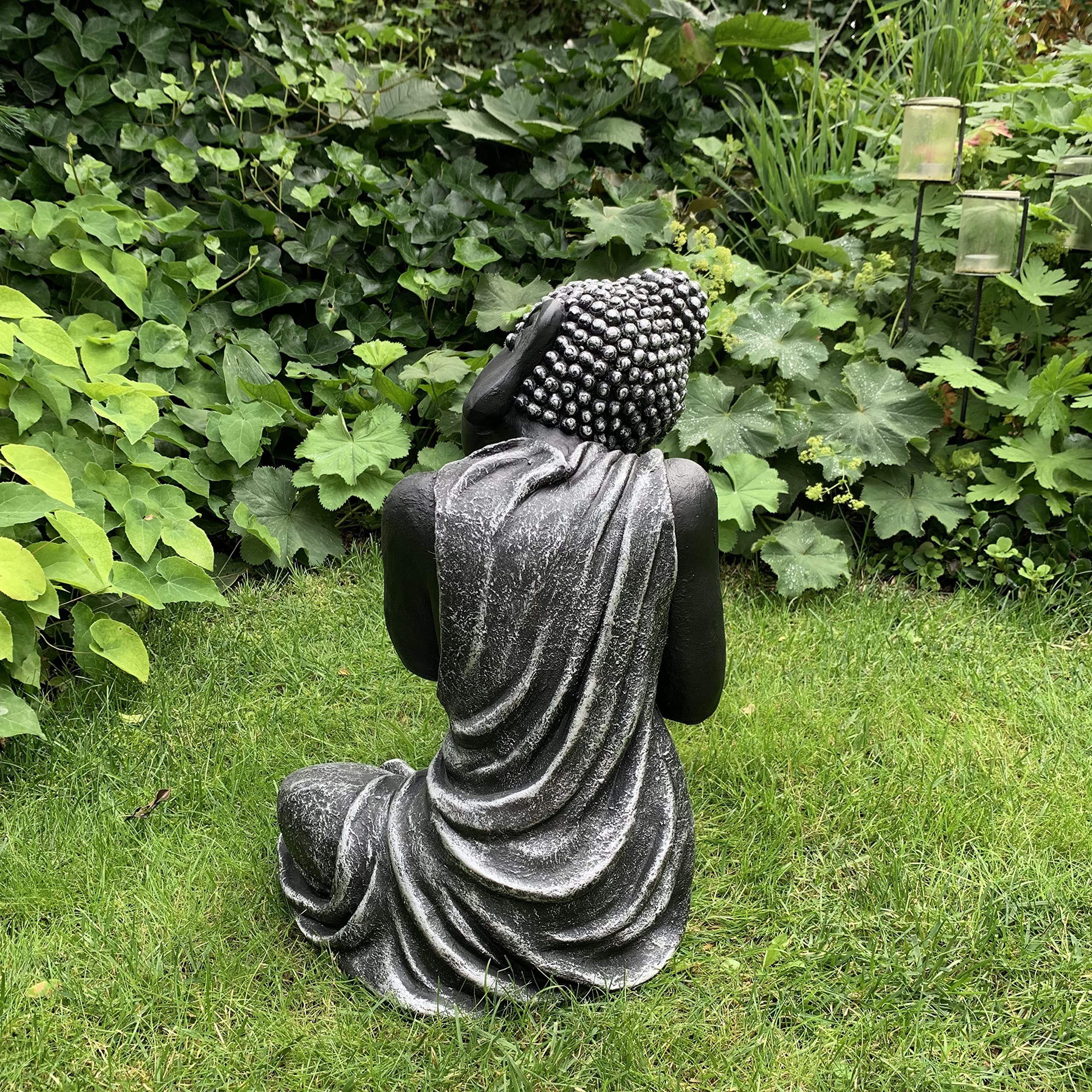 K&L Wall Art Statue Bouddha Assis Feng Shui 45 Cm - Béton Pierre Artificielle Argent/Noir Pour Jardin Et Intérieur